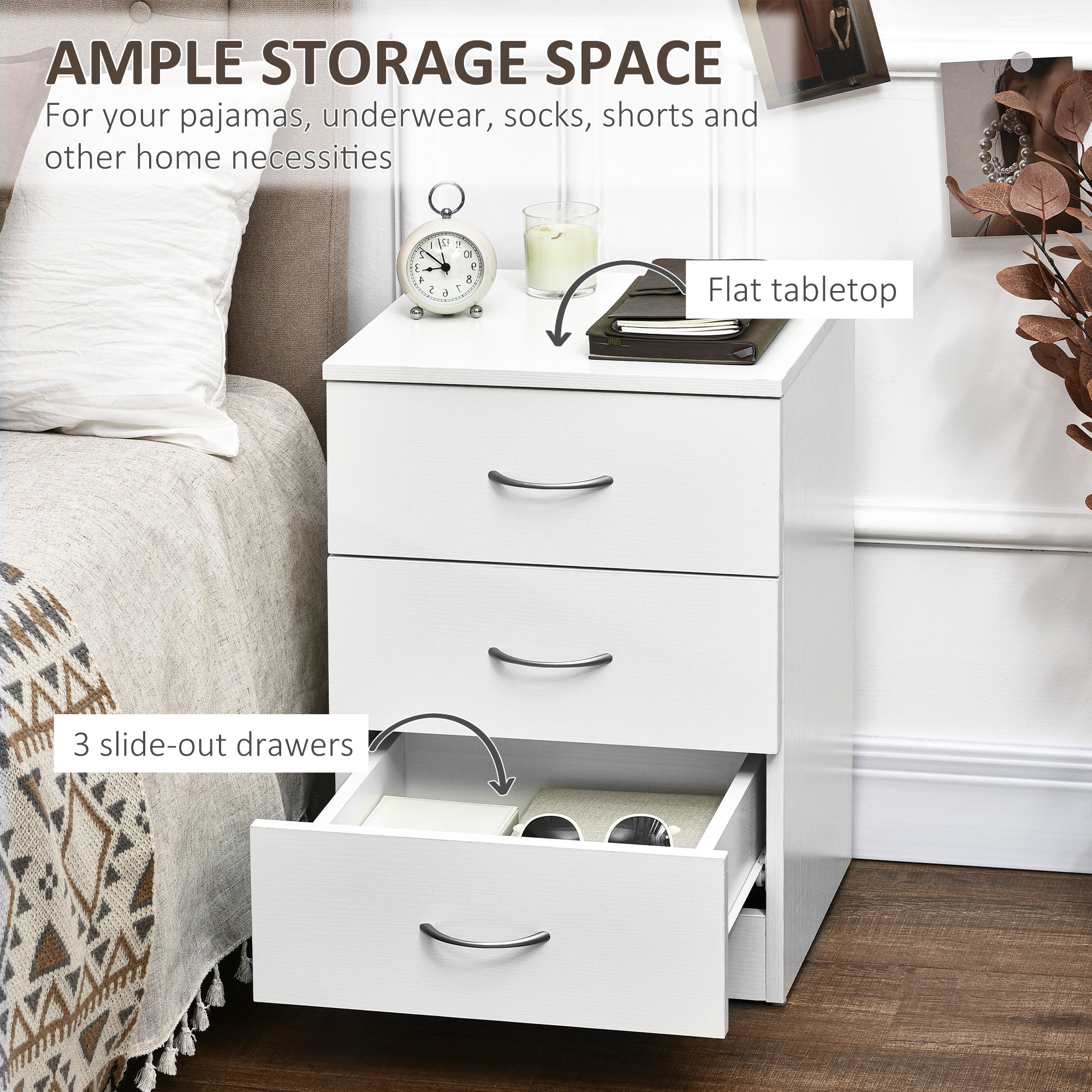 HOMCOM Bedside Table with 3 Drawers, Modern Wood Nightstand, Side Table with Anti-tipping Design for Bedroom, White