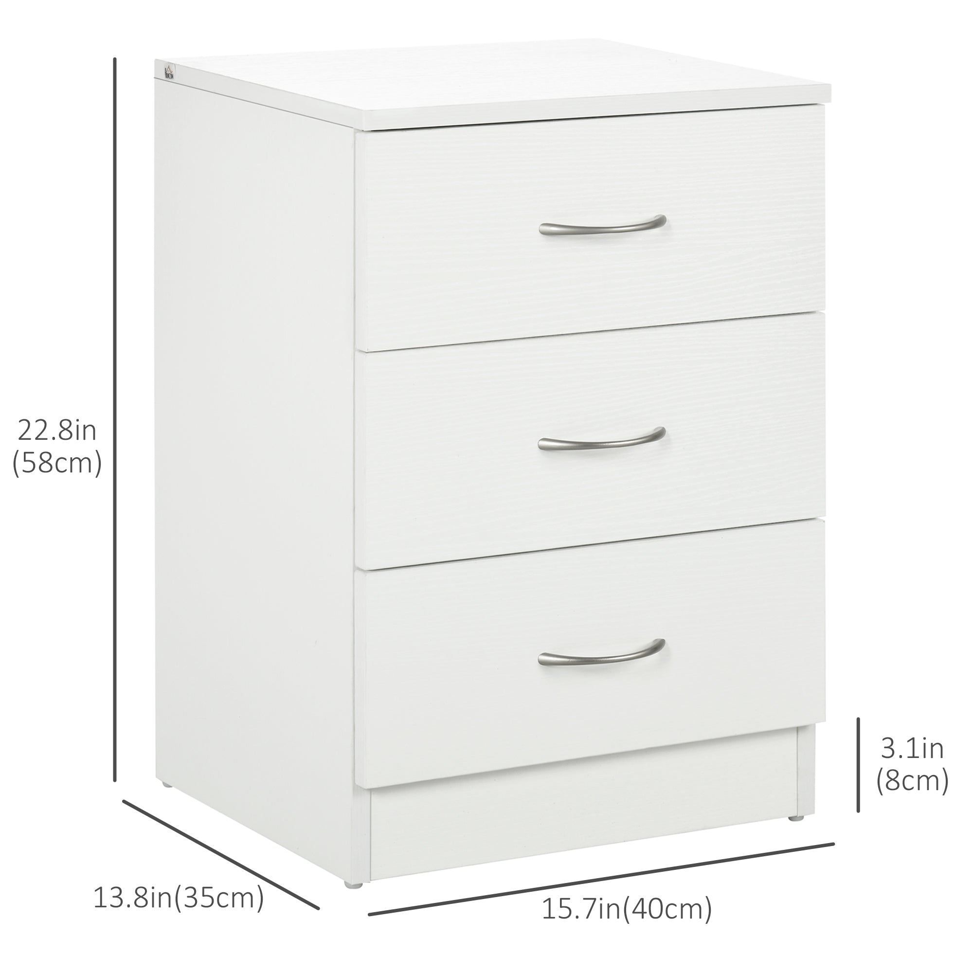HOMCOM Bedside Table with 3 Drawers, Modern Wood Nightstand, Side Table with Anti-tipping Design for Bedroom, White