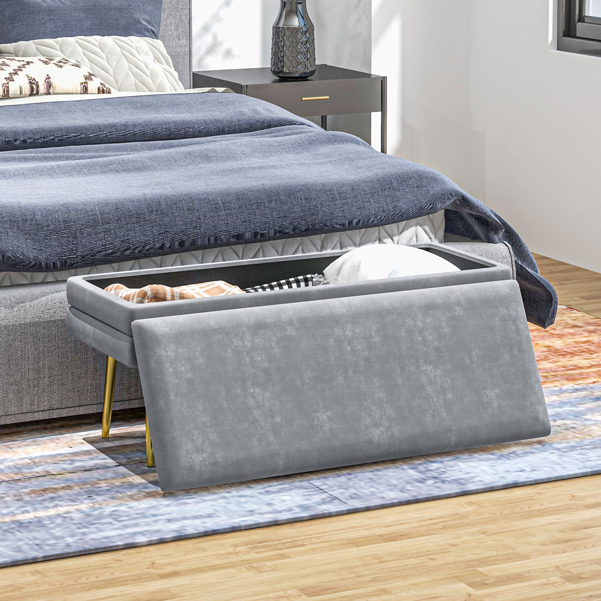 HOMCOM Storage Bench, Velvet-feel Upholstered End of Bed Bench with Gold Tone Legs, Bench with Storage for Living Room, Entryway, Bedroom, Dark Grey