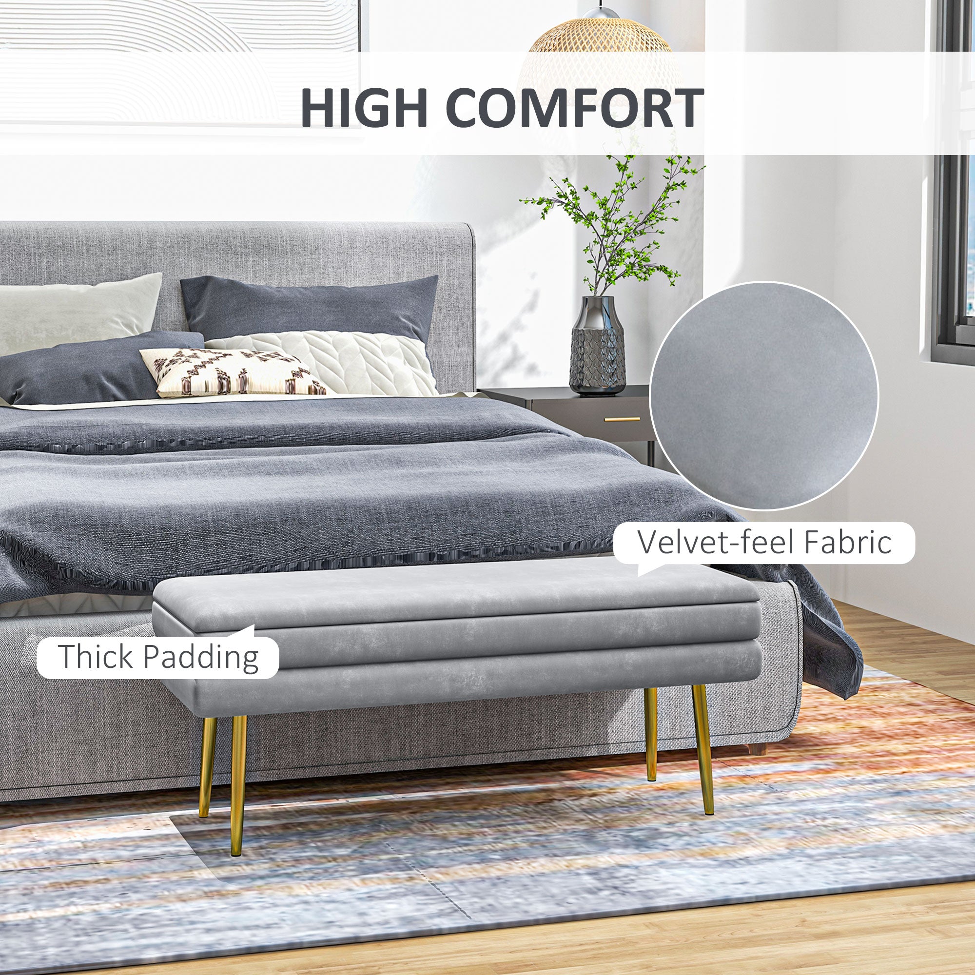 HOMCOM Storage Bench, Velvet-feel Upholstered End of Bed Bench with Gold Tone Legs, Bench with Storage for Living Room, Entryway, Bedroom, Dark Grey