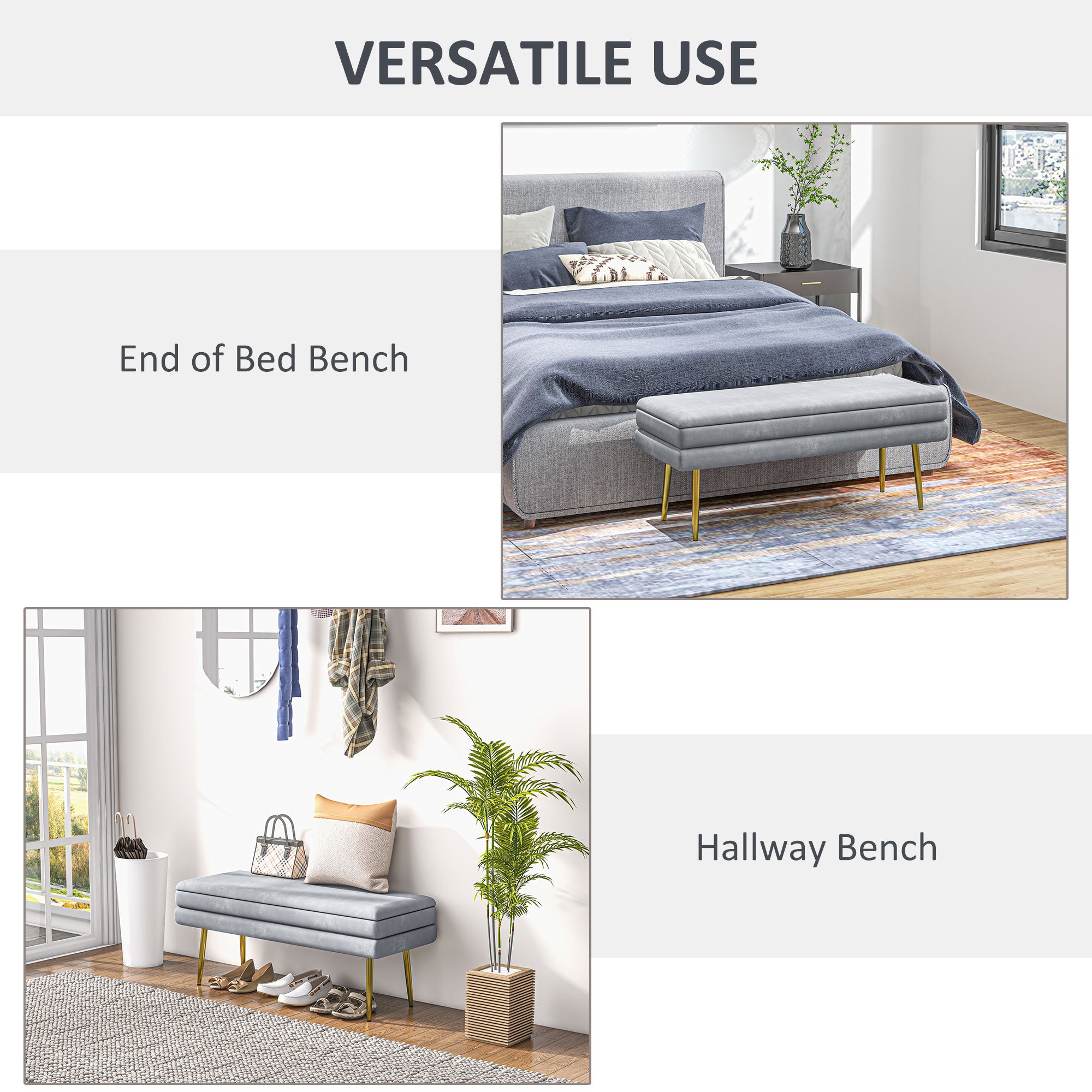 HOMCOM Storage Bench, Velvet-feel Upholstered End of Bed Bench with Gold Tone Legs, Bench with Storage for Living Room, Entryway, Bedroom, Dark Grey