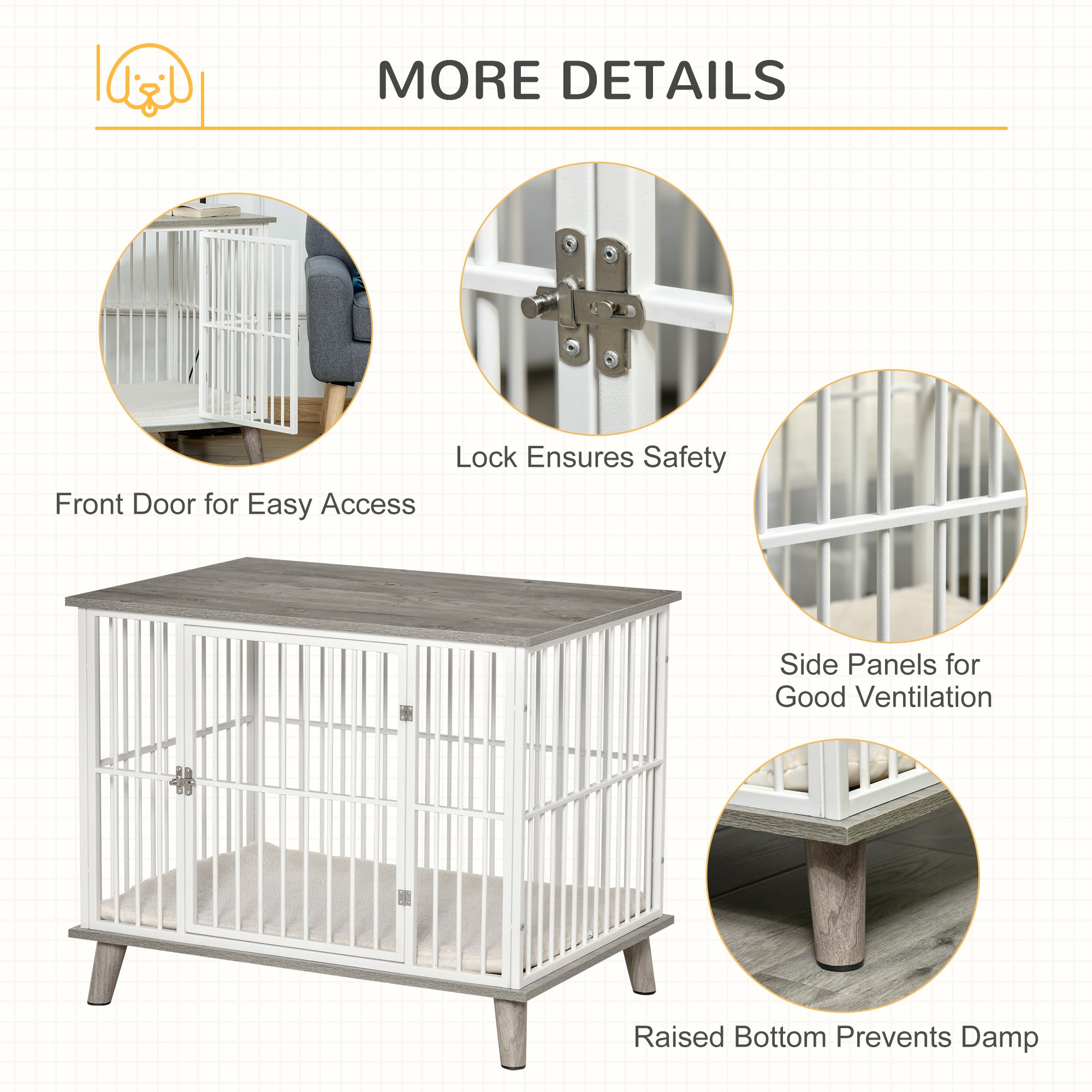 PawHut Dog Crate, Furniture Style Pet Cage Kennel, End Table, Decorative Dog House, with Soft Cushion, Wooden Top, Door, for Small & Medium Dogs, Indoor Use, Grey