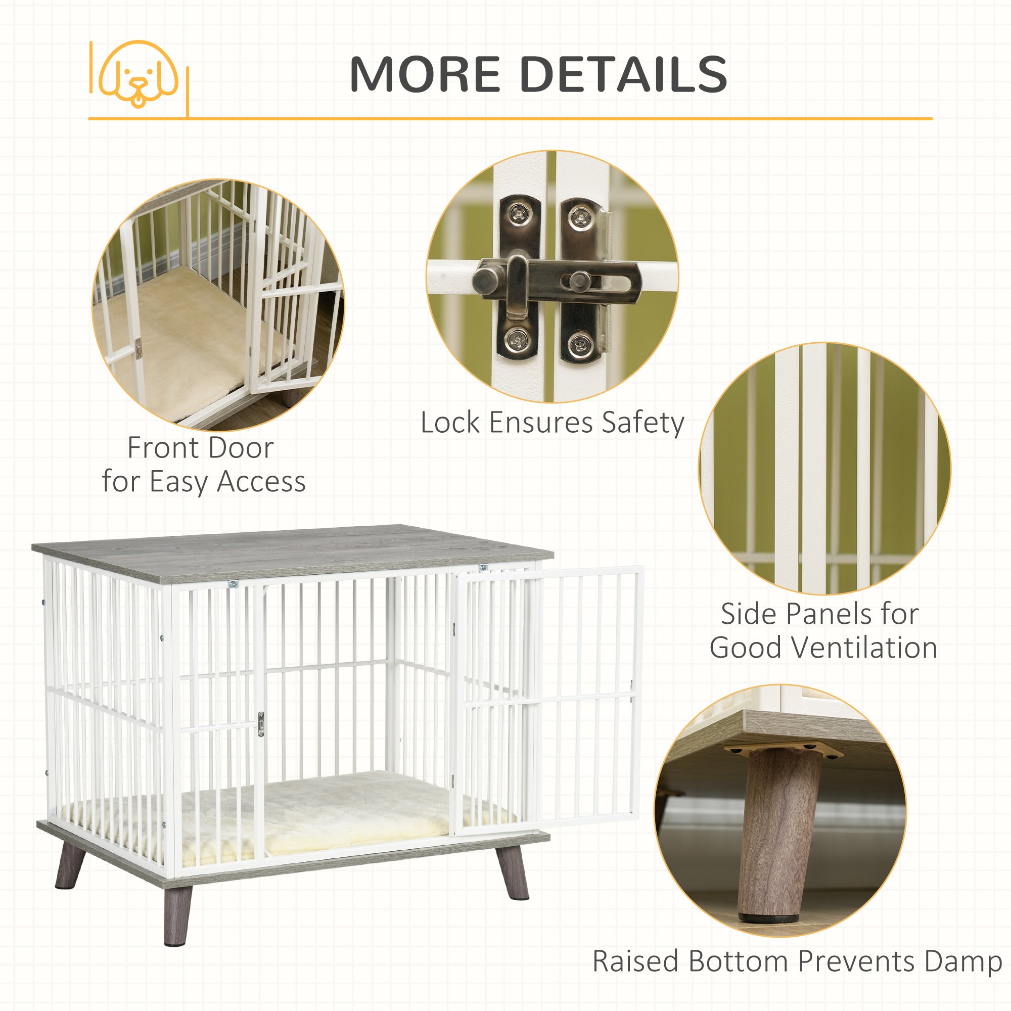 PawHut Dog Crate Pet Kennel Cage Top End Table w/ Soft Cushion for Small Medium Dog Grey 86 x 60 x 70 cm