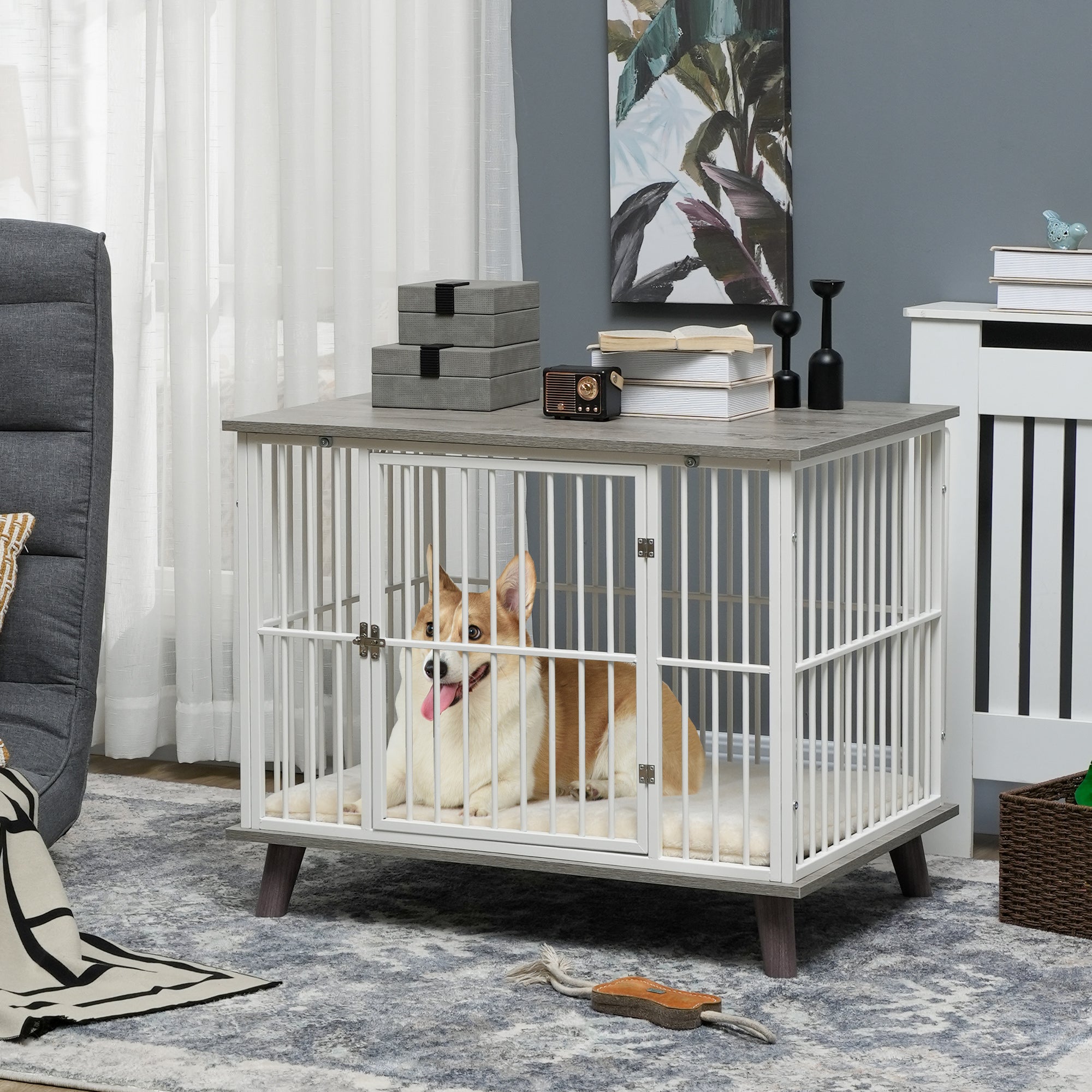 PawHut Dog Crate Pet Kennel Cage Top End Table w/ Soft Cushion for Small Medium Dog Grey 86 x 60 x 70 cm