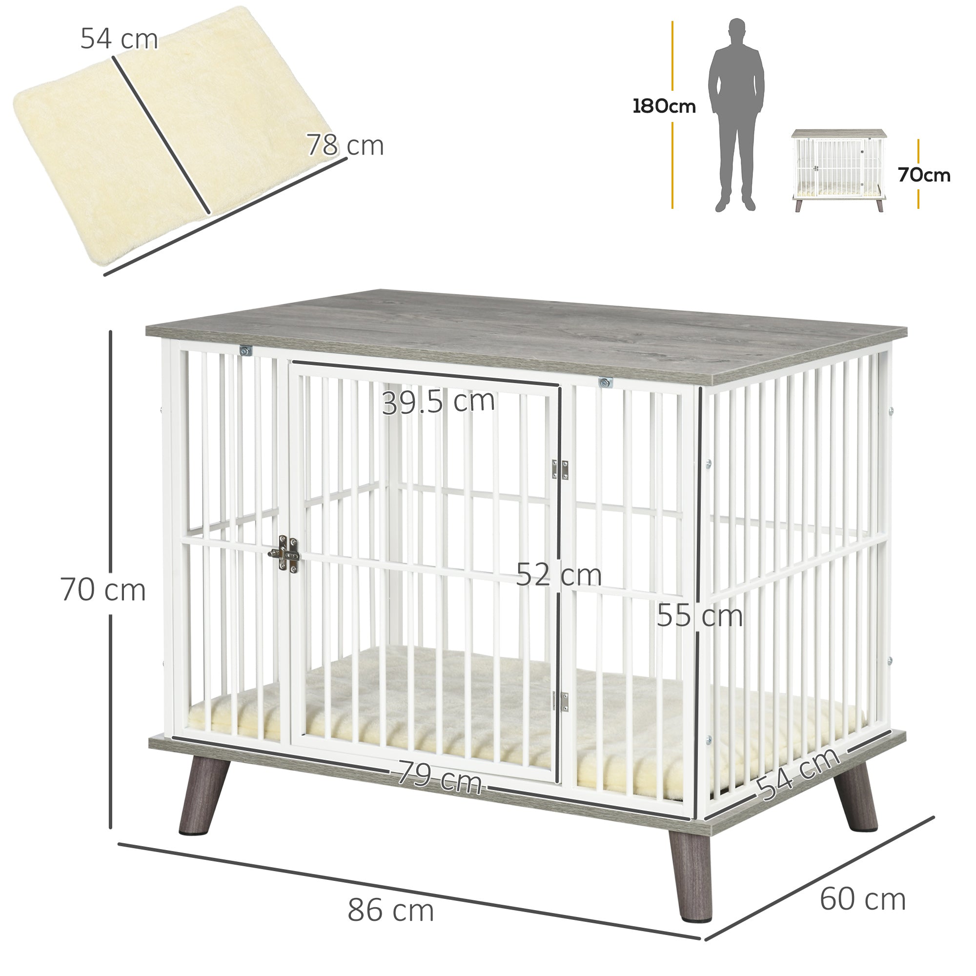 PawHut Dog Crate Pet Kennel Cage Top End Table w/ Soft Cushion for Small Medium Dog Grey 86 x 60 x 70 cm