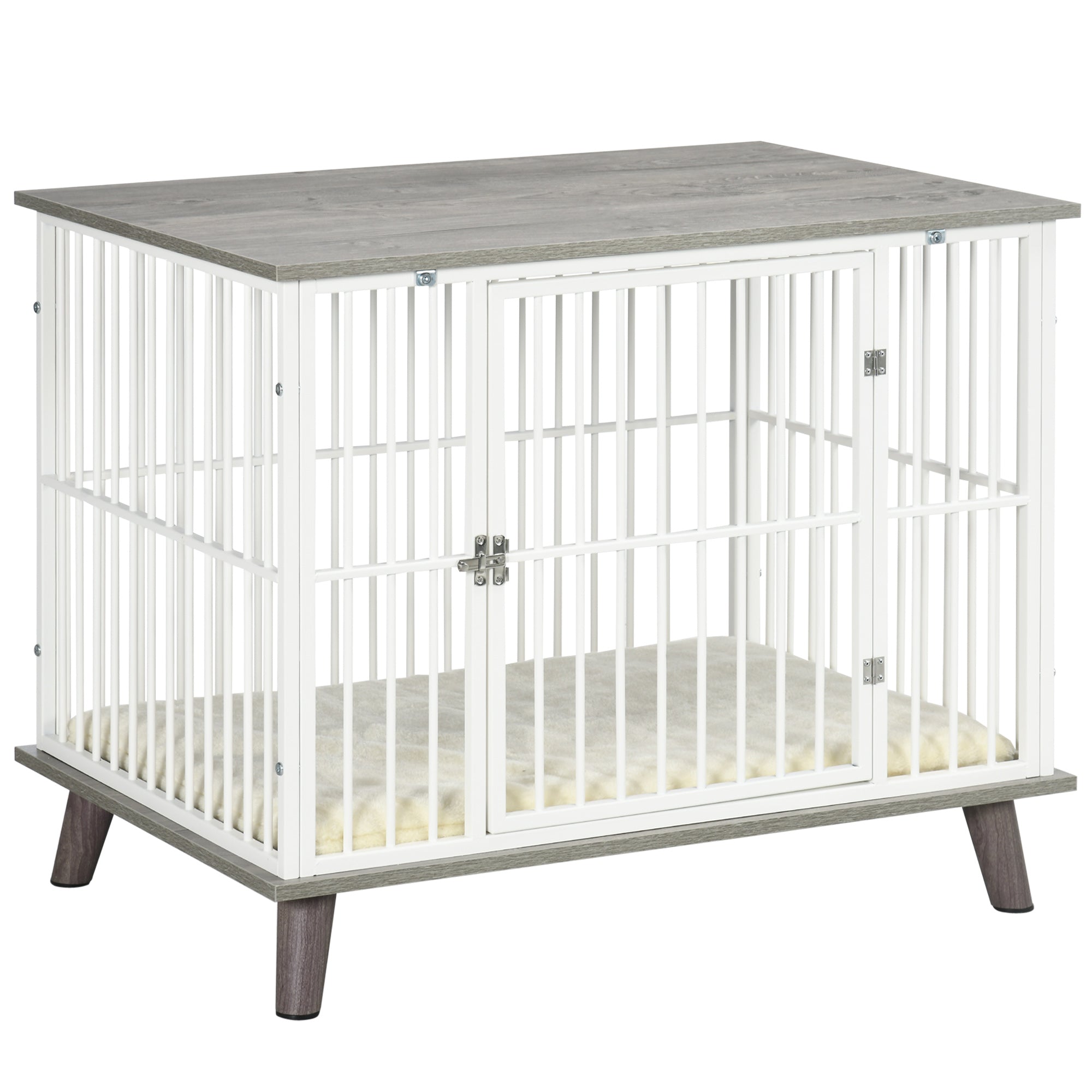PawHut Dog Crate Pet Kennel Cage Top End Table w/ Soft Cushion for Small Medium Dog Grey 86 x 60 x 70 cm