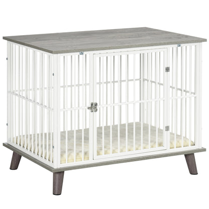 PawHut Dog Crate Pet Kennel Cage Top End Table w/ Soft Cushion for Small Medium Dog Grey 86 x 60 x 70 cm