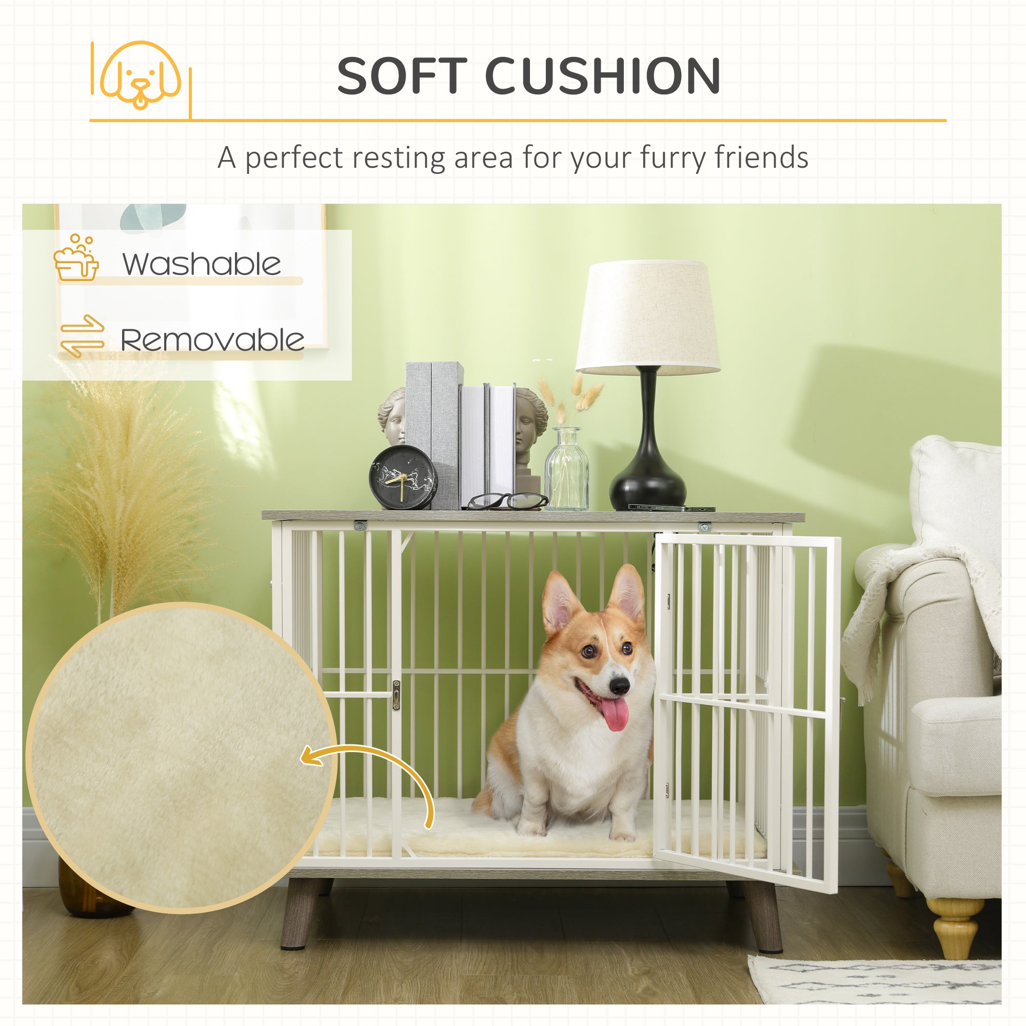 PawHut Dog Crate Pet Kennel Cage Top End Table w/ Soft Cushion for Small Medium Dog Grey 86 x 60 x 70 cm