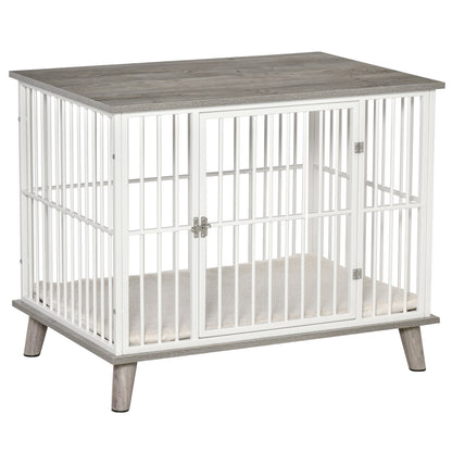 PawHut Dog Crate, Furniture Style Pet Cage Kennel, End Table, Decorative Dog House, with Soft Cushion, Wooden Top, Door, for Small & Medium Dogs, Indoor Use, Grey