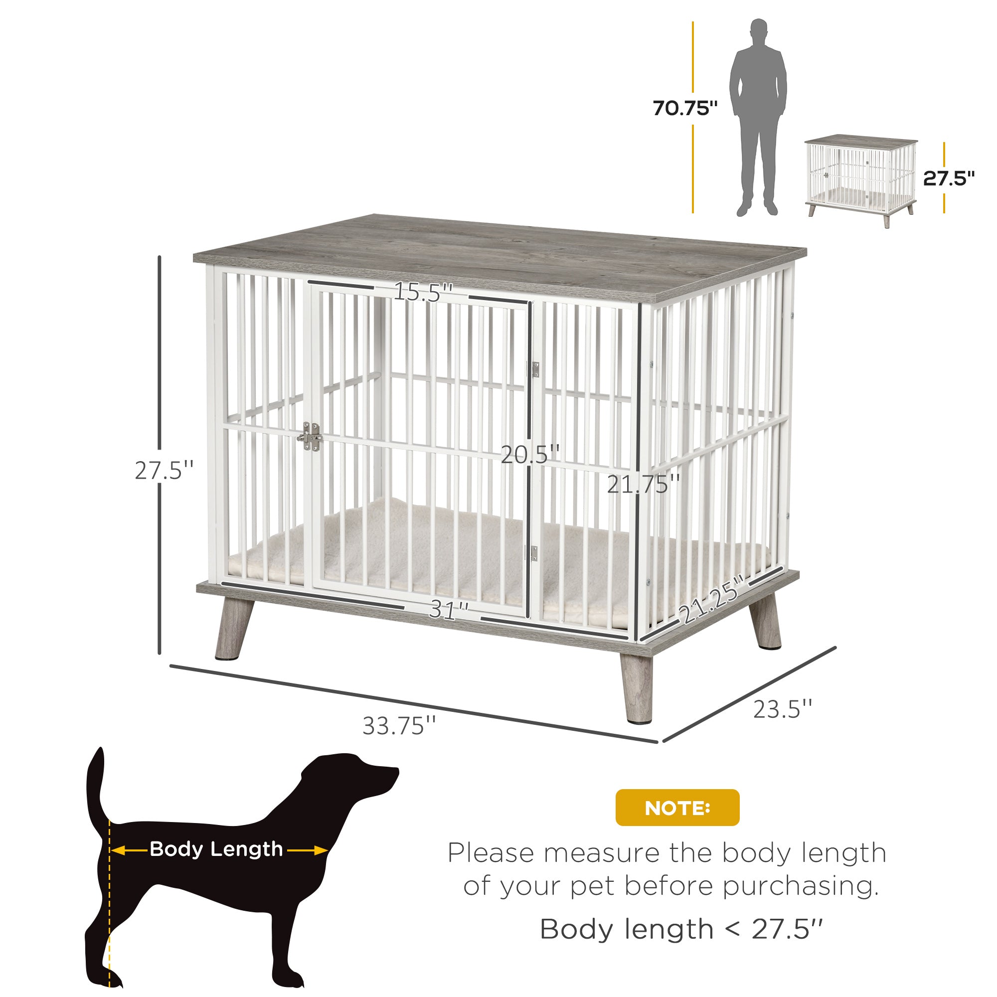 PawHut Dog Crate, Furniture Style Pet Cage Kennel, End Table, Decorative Dog House, with Soft Cushion, Wooden Top, Door, for Small & Medium Dogs, Indoor Use, Grey