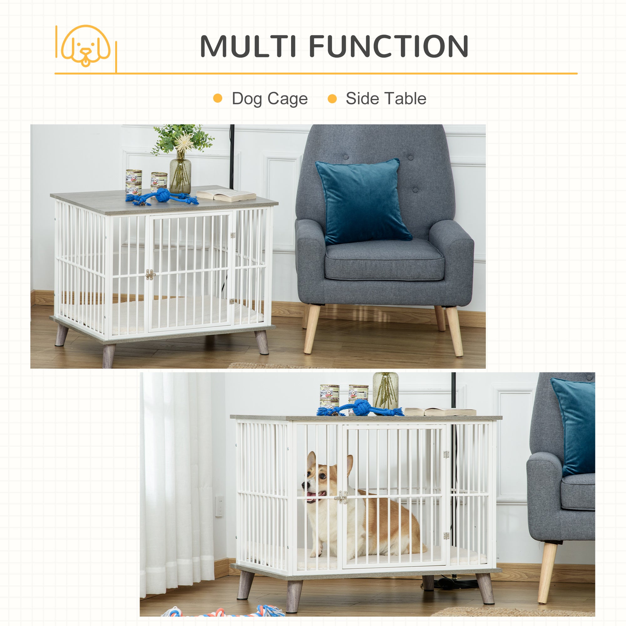 PawHut Dog Crate, Furniture Style Pet Cage Kennel, End Table, Decorative Dog House, with Soft Cushion, Wooden Top, Door, for Small & Medium Dogs, Indoor Use, Grey