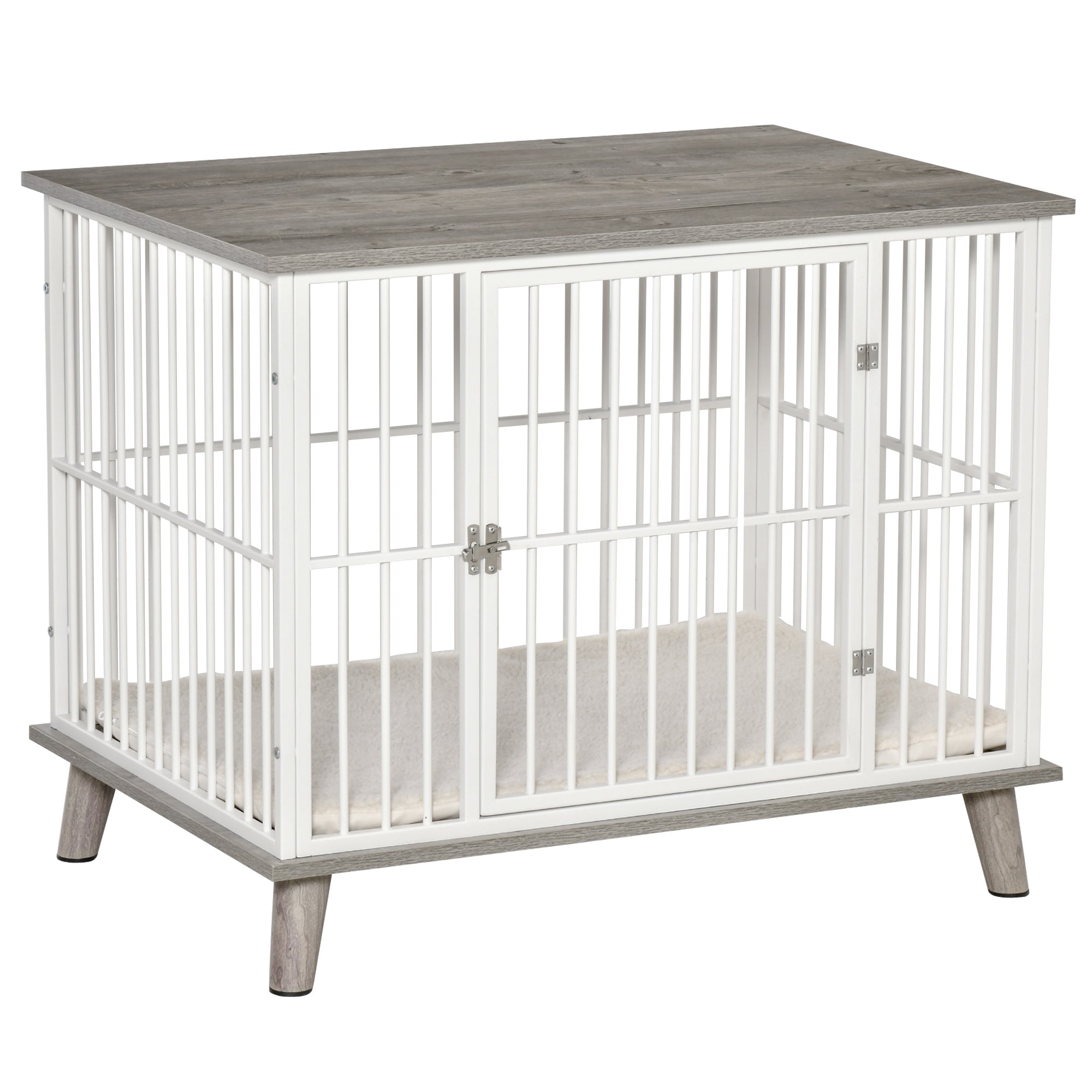 PawHut Dog Crate Pet Kennel Cage Top End Table w/ Soft Cushion for Small Medium Dog Grey 86 x 60 x 70 cm