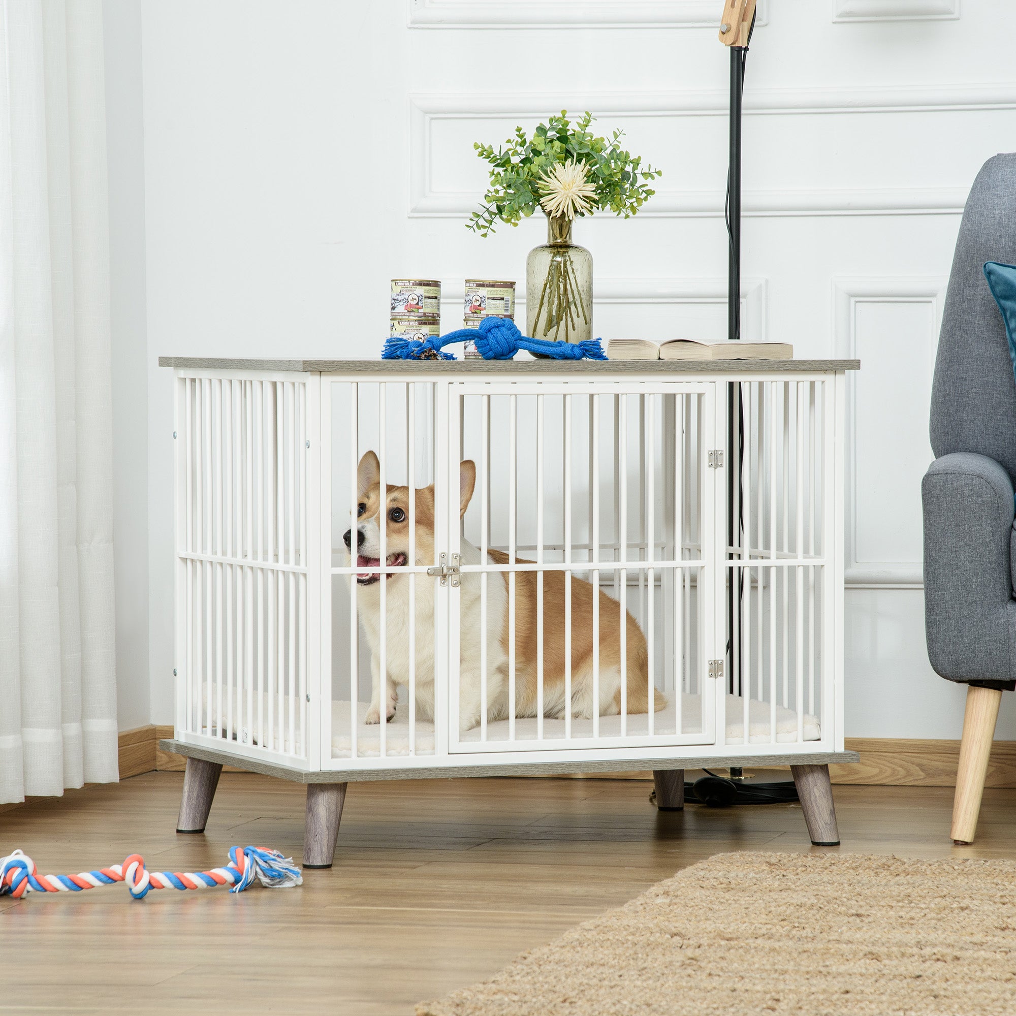 PawHut Dog Crate, Furniture Style Pet Cage Kennel, End Table, Decorative Dog House, with Soft Cushion, Wooden Top, Door, for Small & Medium Dogs, Indoor Use, Grey