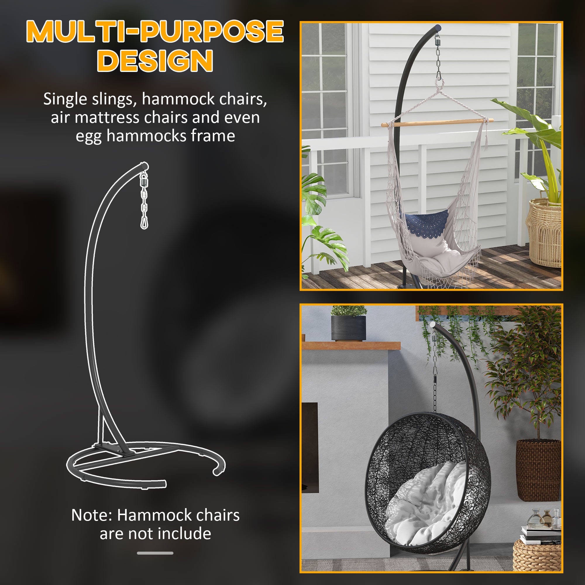 Outsunny Hanging Hammock Chair Stand Only with Round Base, Heavy Duty 330 lbs. Capacity Swing Stand Only, Steel C Stand for Swing/Egg/Hammock Chair, Indoor and Outdoor, Black