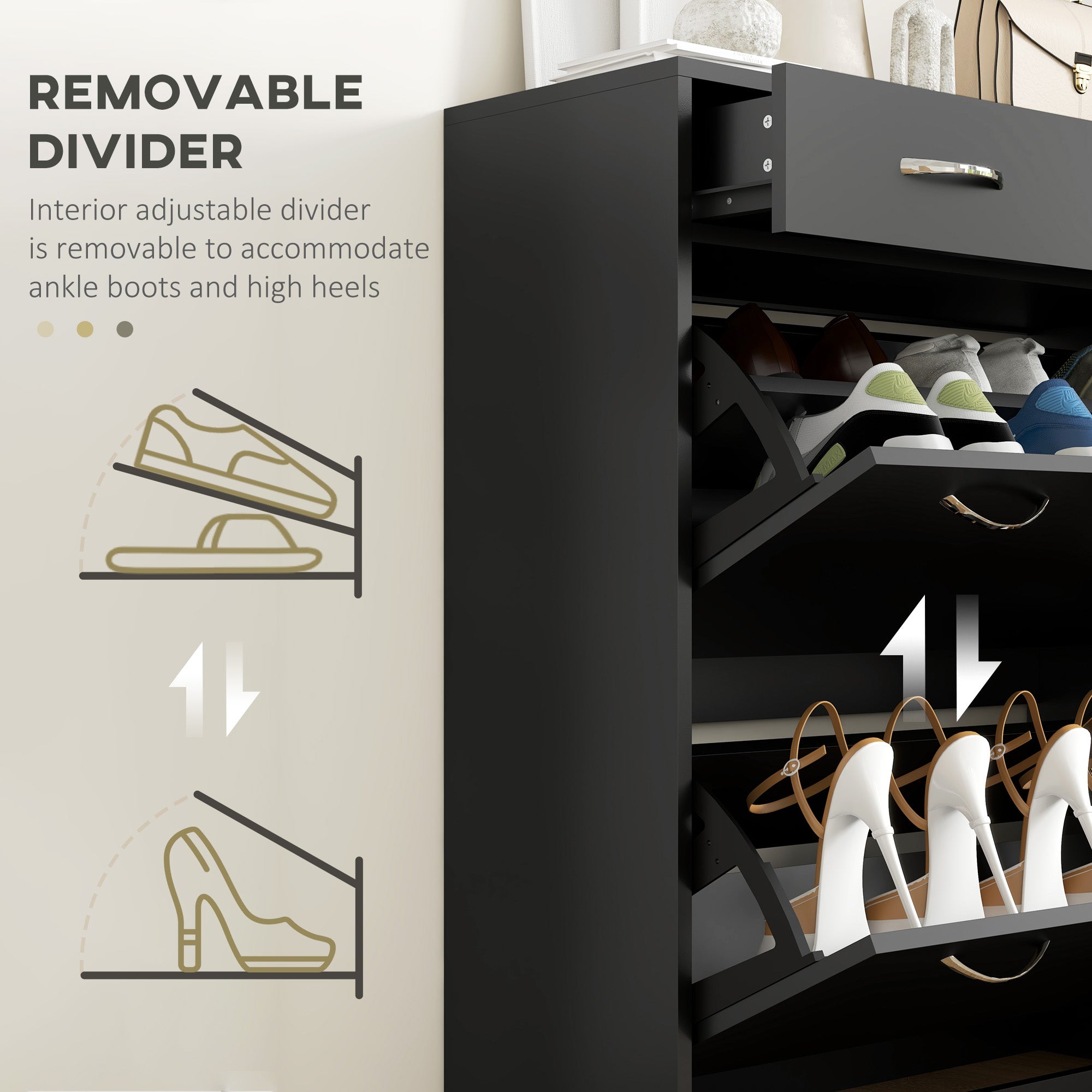 HOMCOM Narrow Shoe Cabinet for Entryway Hallway, Shoe Storage Cabinet with 2 Flip Drawers, 2 Slide Out Drawers and Adjustable Shelves for 12 Pairs of Shoes, Black