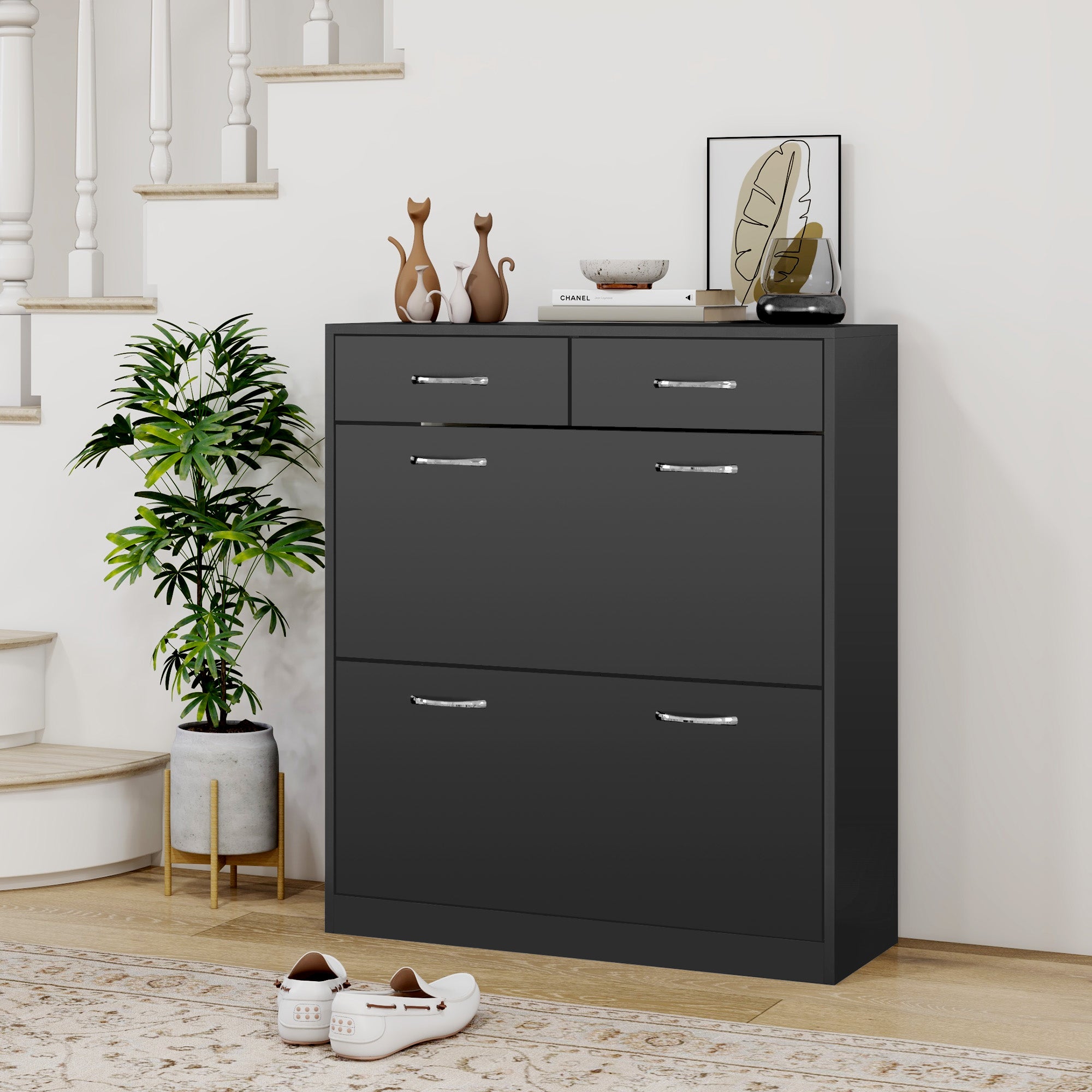 HOMCOM Narrow Shoe Cabinet for Entryway Hallway, Shoe Storage Cabinet with 2 Flip Drawers, 2 Slide Out Drawers and Adjustable Shelves for 12 Pairs of Shoes, Black