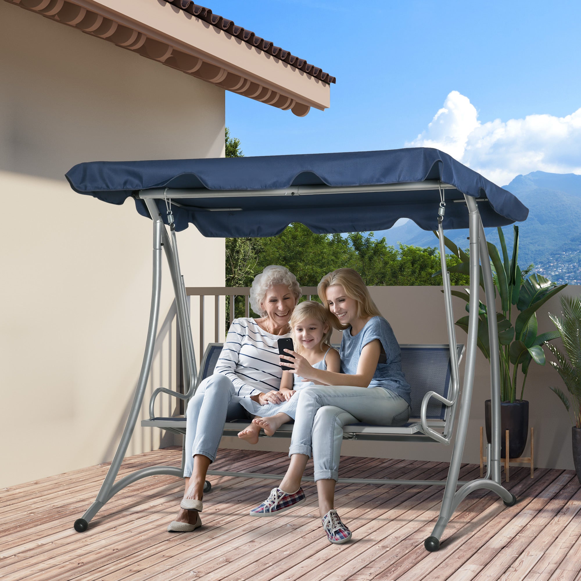 Outsunny 3 Person Patio Swing Seats with Adjustable Canopy Outdoor Swing Chair Bench for Garden, Poolside, Dark Blue