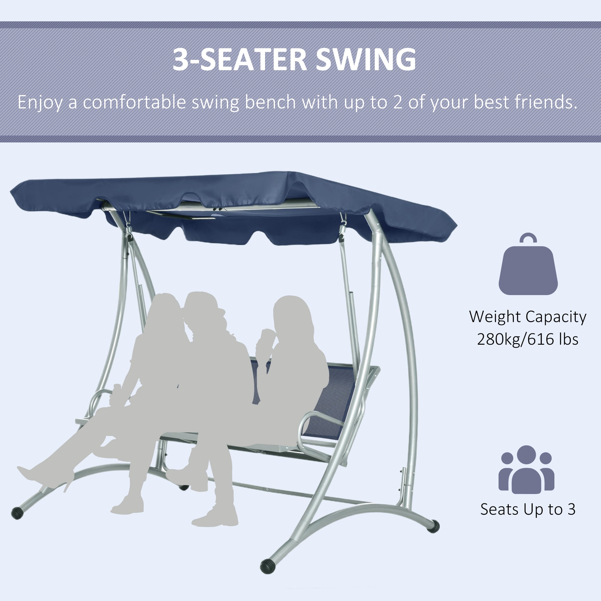 Outsunny 3 Person Patio Swing Seats with Adjustable Canopy Outdoor Swing Chair Bench for Garden, Poolside, Dark Blue
