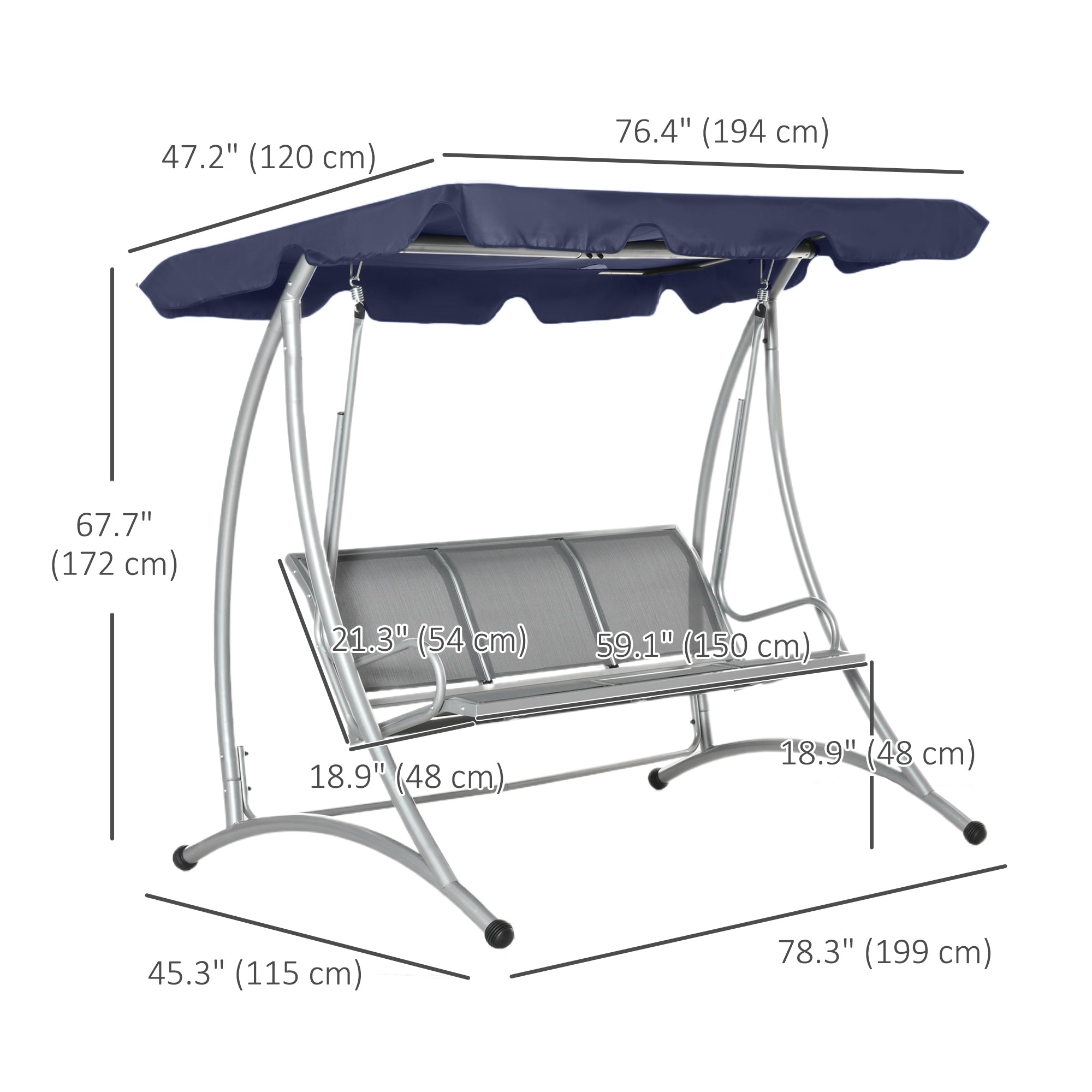 Outsunny 3 Person Patio Swing Seats with Adjustable Canopy Outdoor Swing Chair Bench for Garden, Poolside, Dark Blue