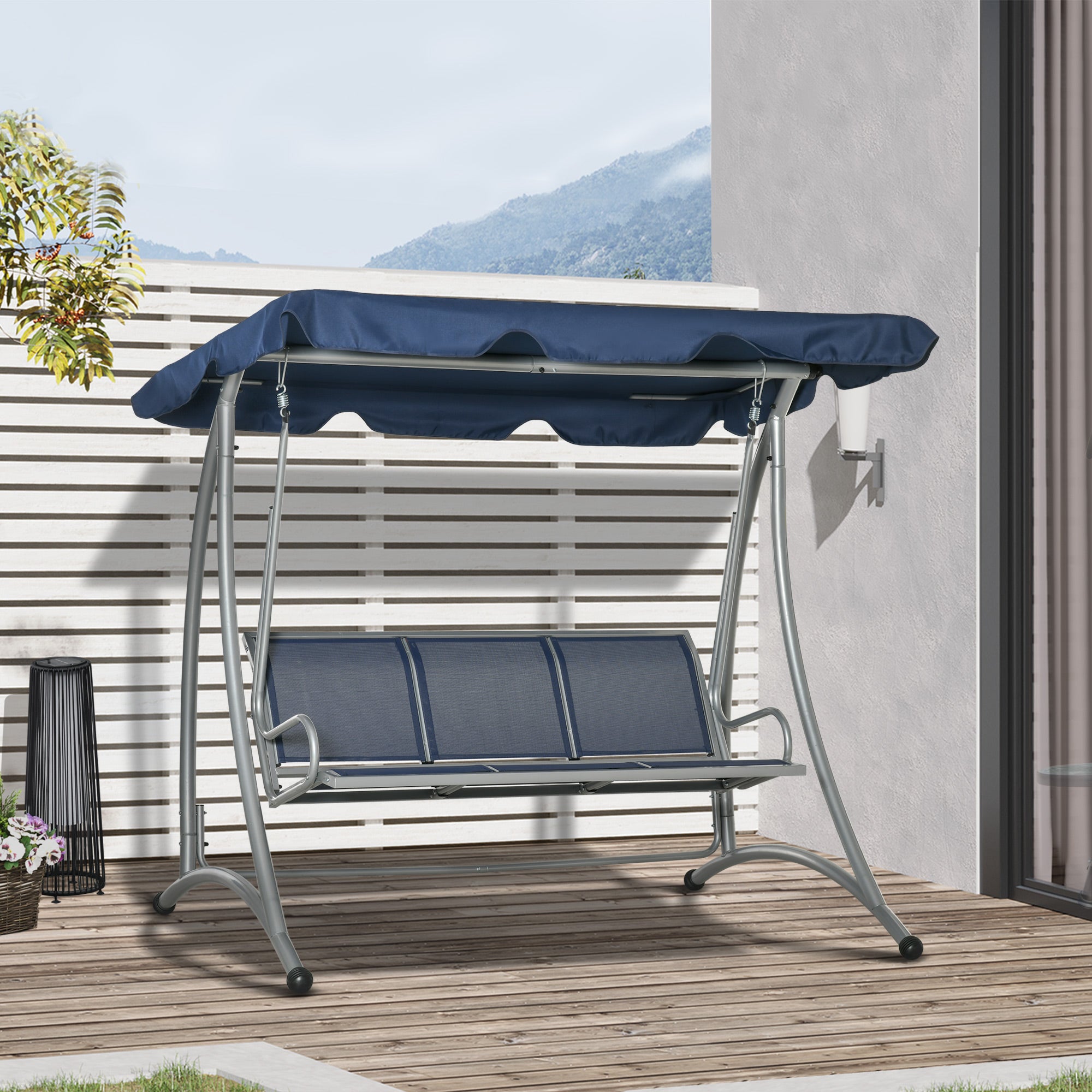 Outsunny 3 Person Patio Swing Seats with Adjustable Canopy Outdoor Swing Chair Bench for Garden, Poolside, Dark Blue