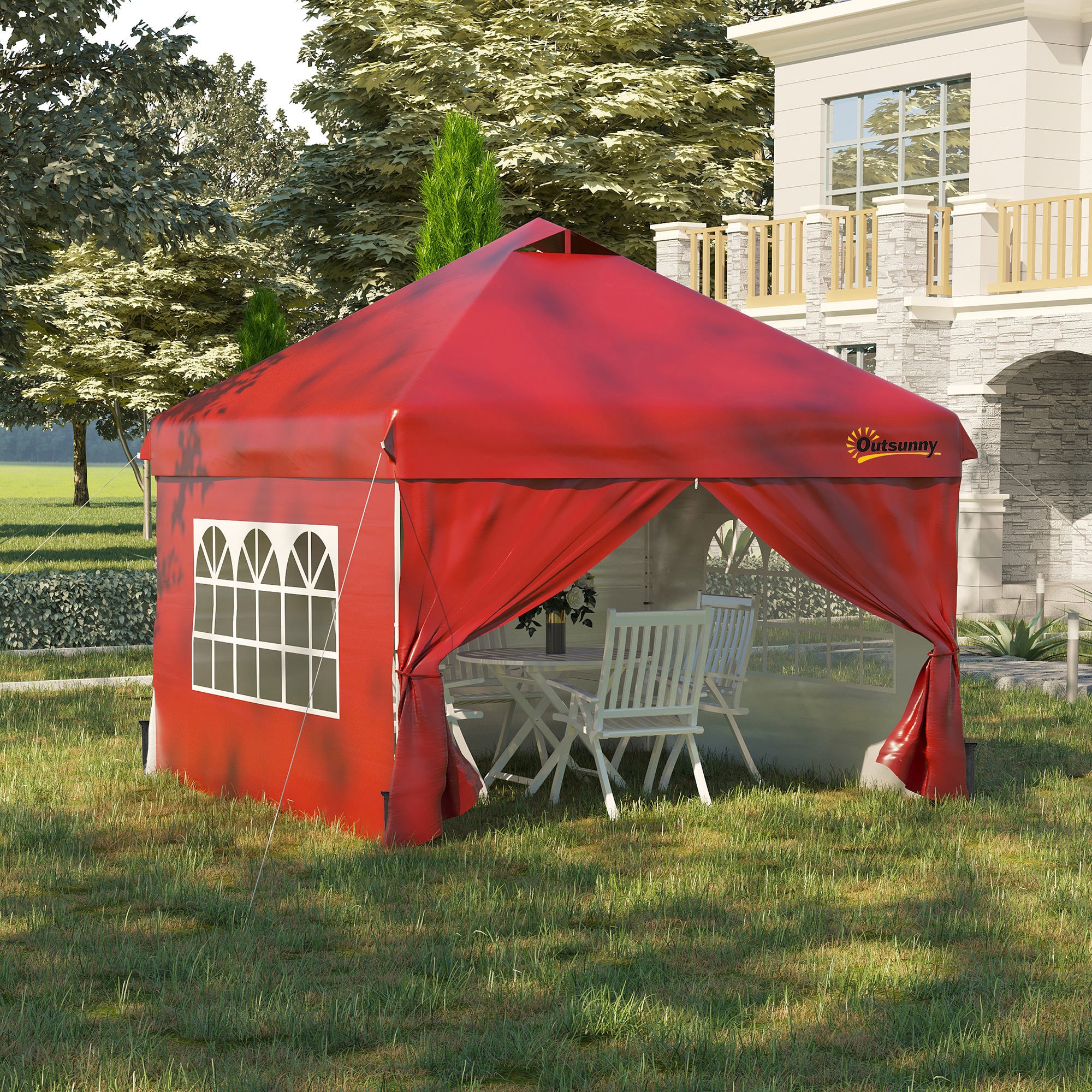 Outsunny 10' x 10' Pop Up Canopy Tent, Instant Sun Shelter, Tents for Parties, with Wheeled Carry Bag, for Outdoor, Garden, Patio, Red