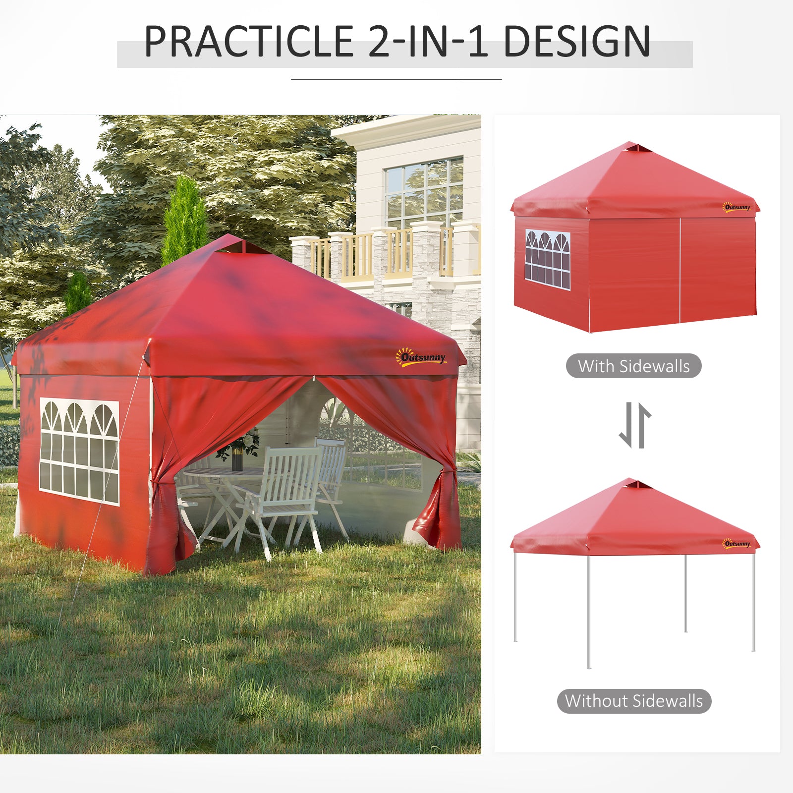 Outsunny 10' x 10' Pop Up Canopy Tent, Instant Sun Shelter, Tents for Parties, with Wheeled Carry Bag, for Outdoor, Garden, Patio, Red