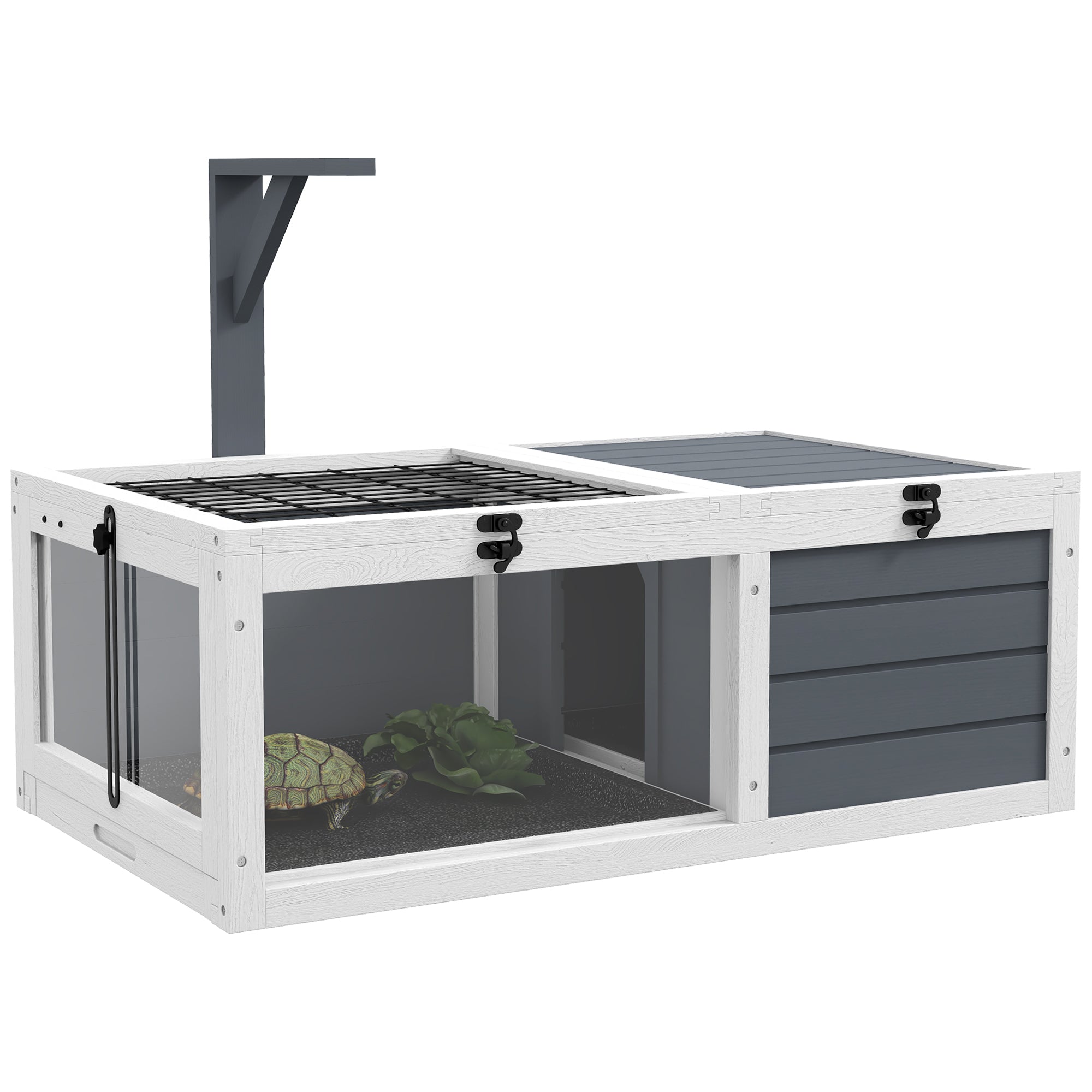 PawHut Tortoise House, Wooden Tortoise Table, Tortoise Enclosure with Wooden Lamp Holder, Openable Lids, Pull-Out Trays - Grey