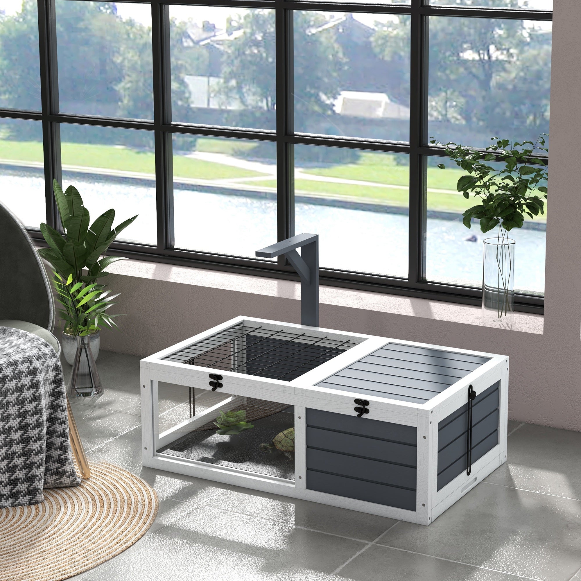 PawHut Tortoise House, Wooden Tortoise Table, Tortoise Enclosure with Wooden Lamp Holder, Openable Lids, Pull-Out Trays - Grey