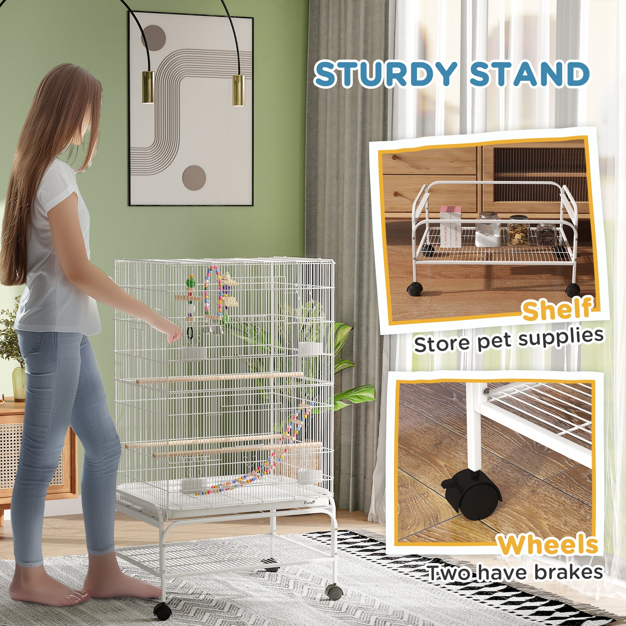 PawHut 43" Bird Cage for Budgies Cockatiels Canaries Lovebirds Finches with Rolling Stand, Toys, Removable Tray, Storage Shelf, White