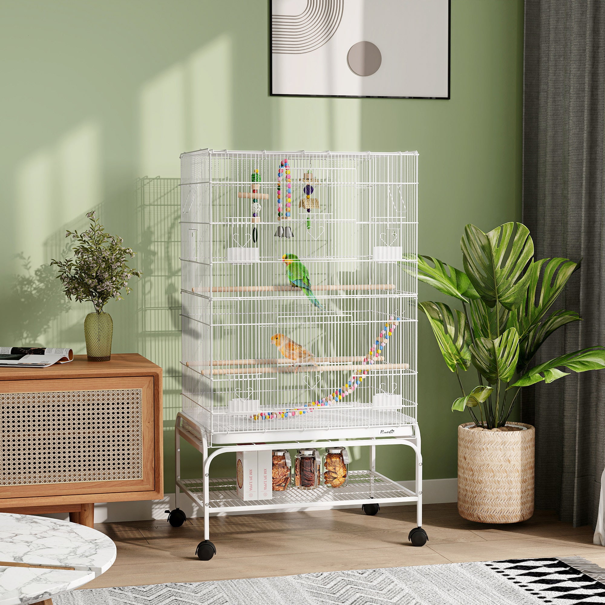 PawHut 43" Bird Cage for Budgies Cockatiels Canaries Lovebirds Finches with Rolling Stand, Toys, Removable Tray, Storage Shelf, White