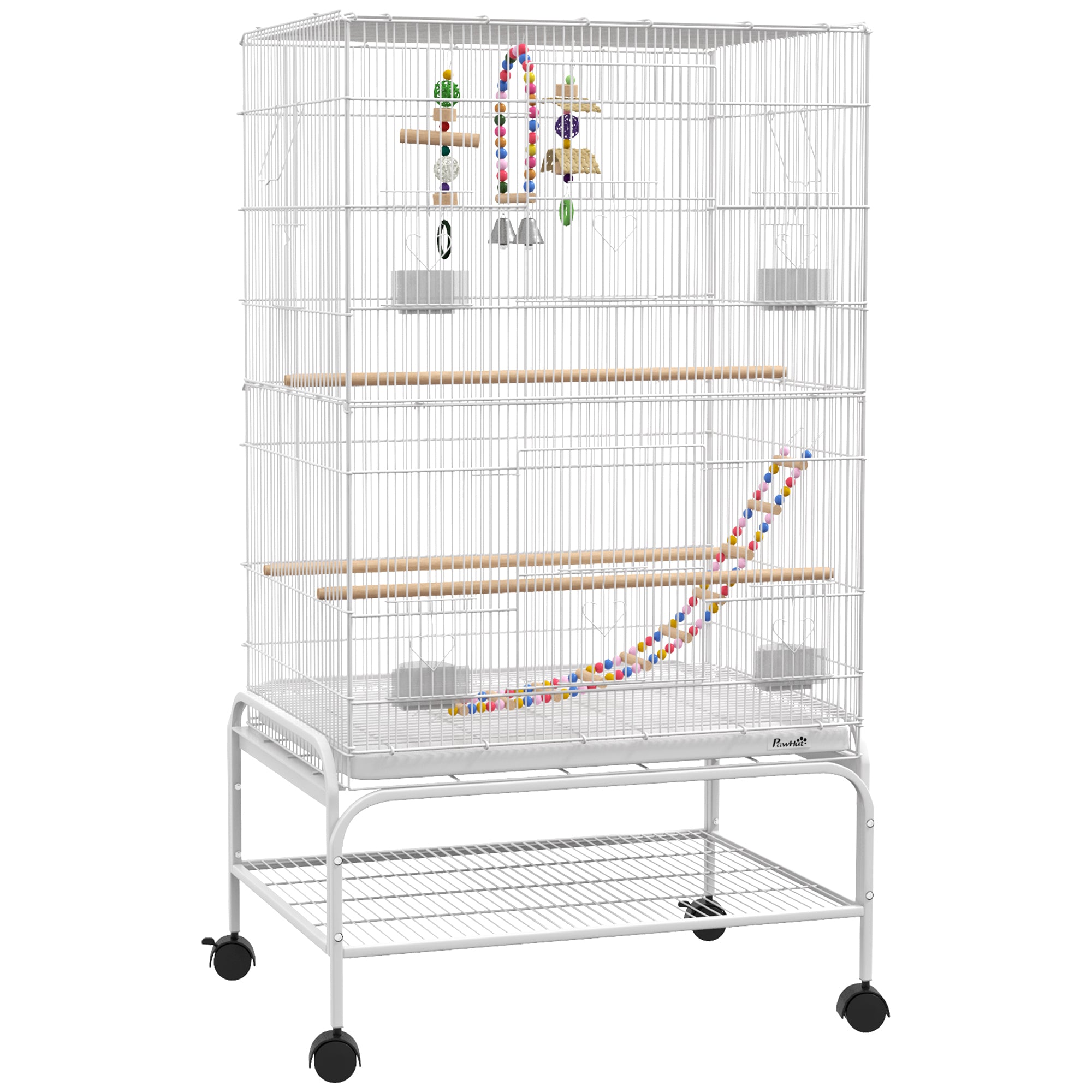 PawHut 43" Bird Cage for Budgies Cockatiels Canaries Lovebirds Finches with Rolling Stand, Toys, Removable Tray, Storage Shelf, White