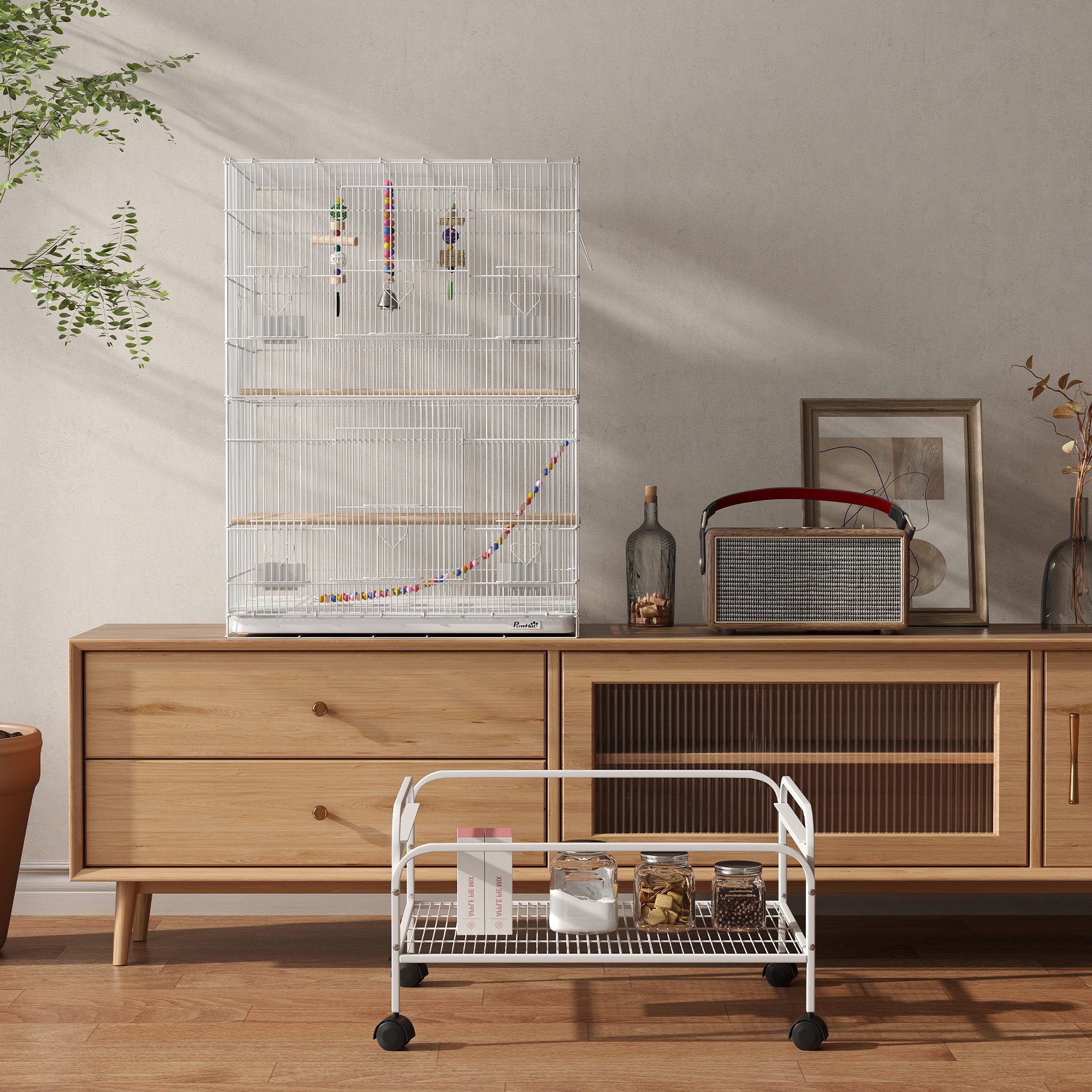 PawHut 43" Bird Cage for Budgies Cockatiels Canaries Lovebirds Finches with Rolling Stand, Toys, Removable Tray, Storage Shelf, White