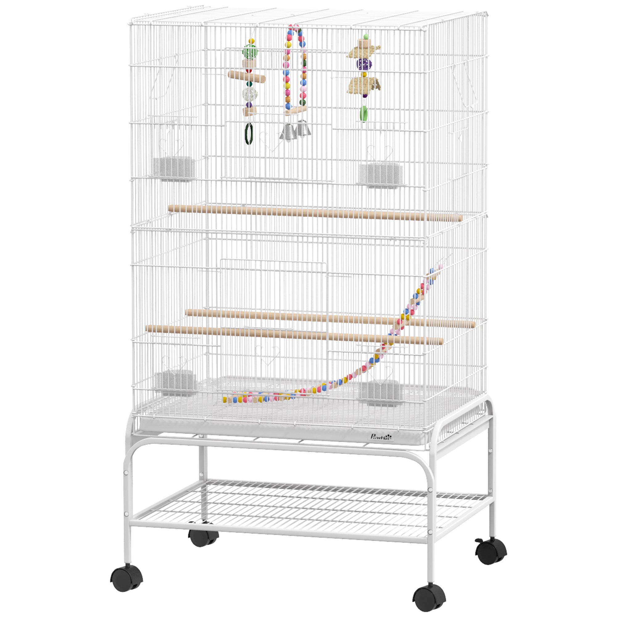 PawHut 43" Bird Cage for Budgies Cockatiels Canaries Lovebirds Finches with Rolling Stand, Toys, Removable Tray, Storage Shelf, White