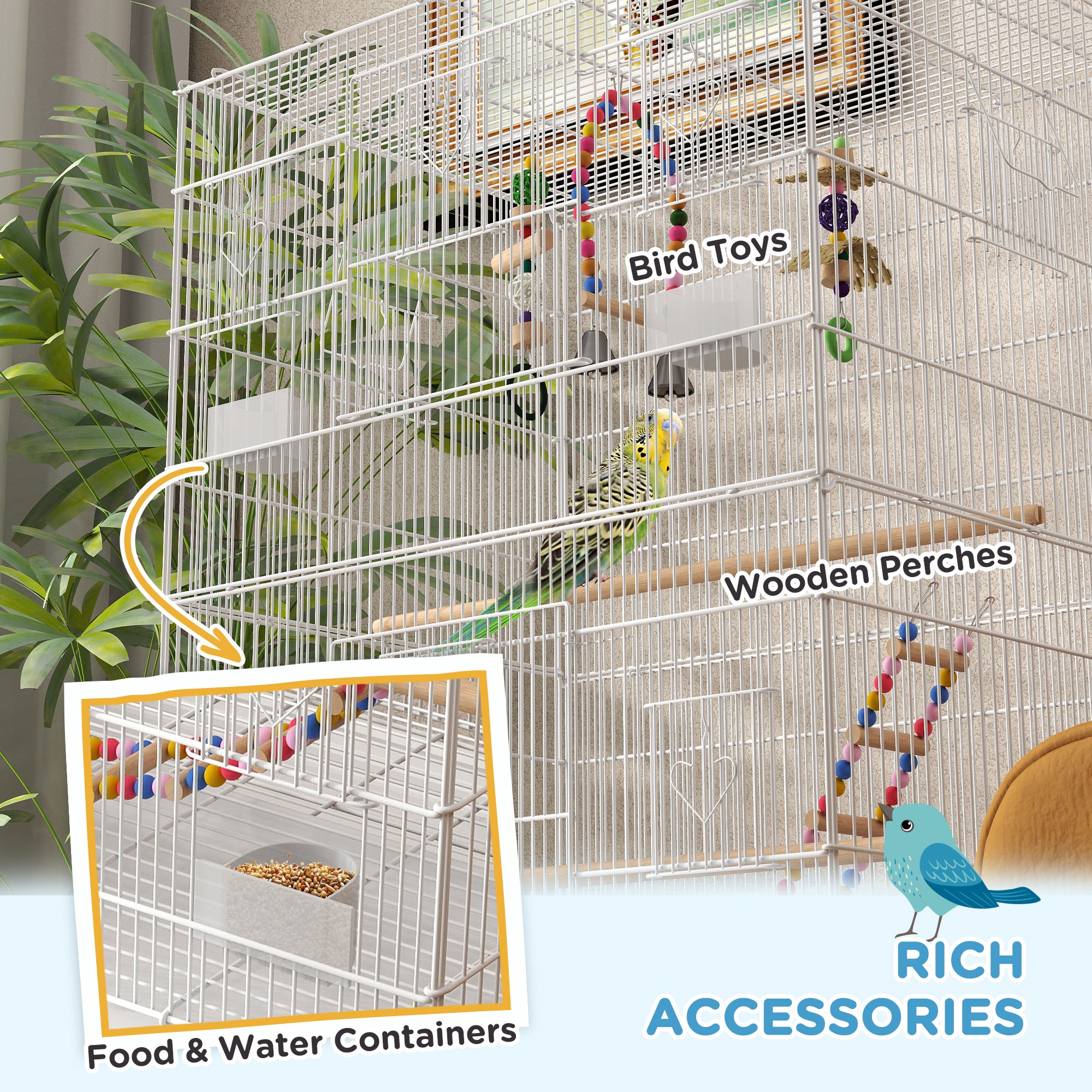 PawHut 43" Bird Cage for Budgies Cockatiels Canaries Lovebirds Finches with Rolling Stand, Toys, Removable Tray, Storage Shelf, White