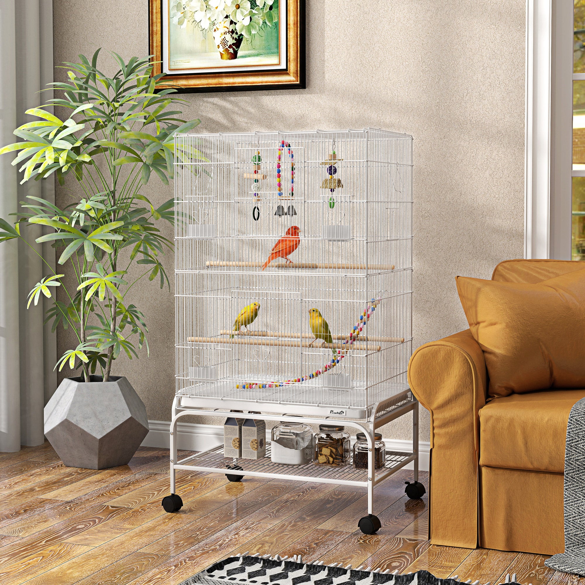 PawHut 43" Bird Cage for Budgies Cockatiels Canaries Lovebirds Finches with Rolling Stand, Toys, Removable Tray, Storage Shelf, White