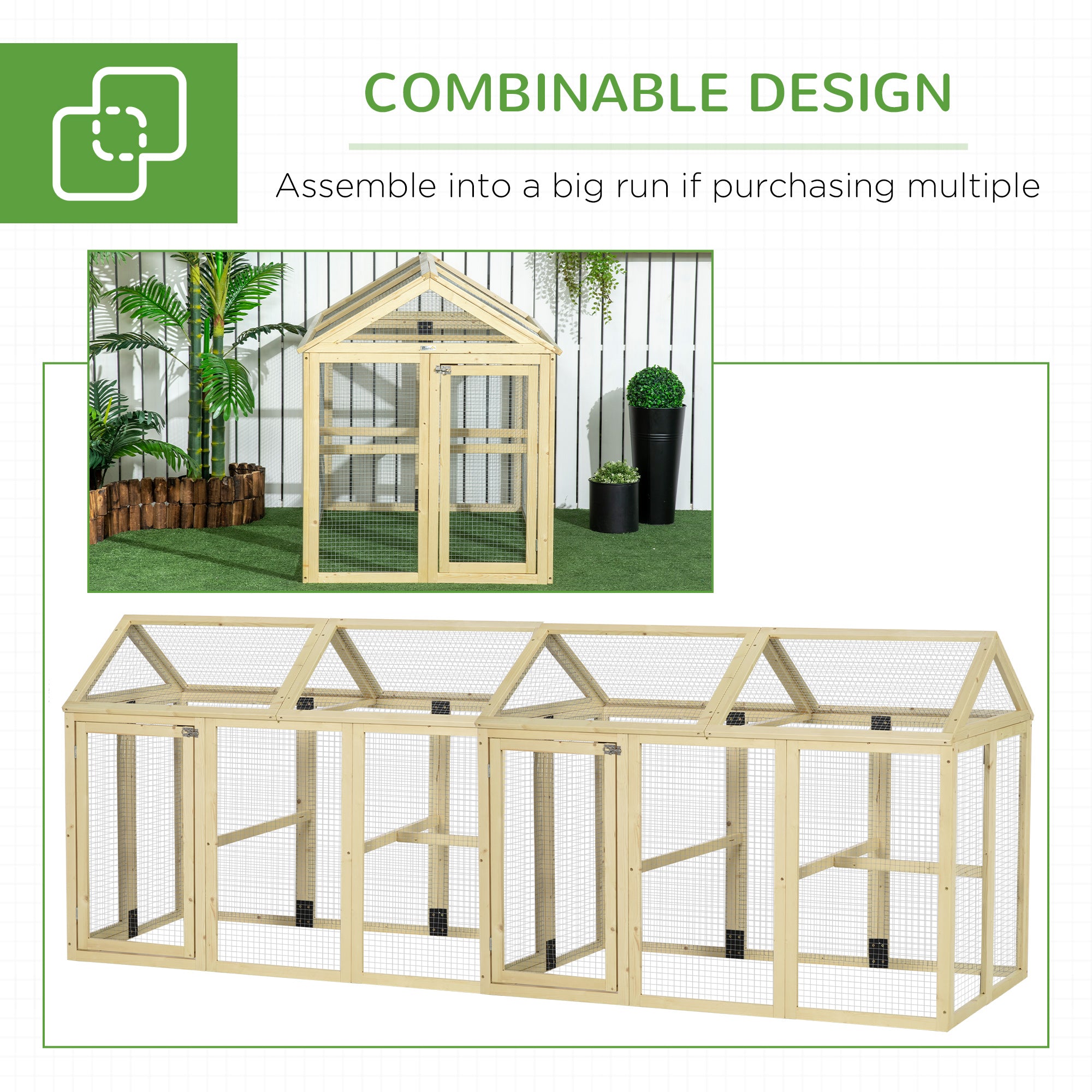 PawHut Large Chicken Run, Wooden Chicken Coop, Pet Playpen w/ Combinable Design - Natural Wood Finish