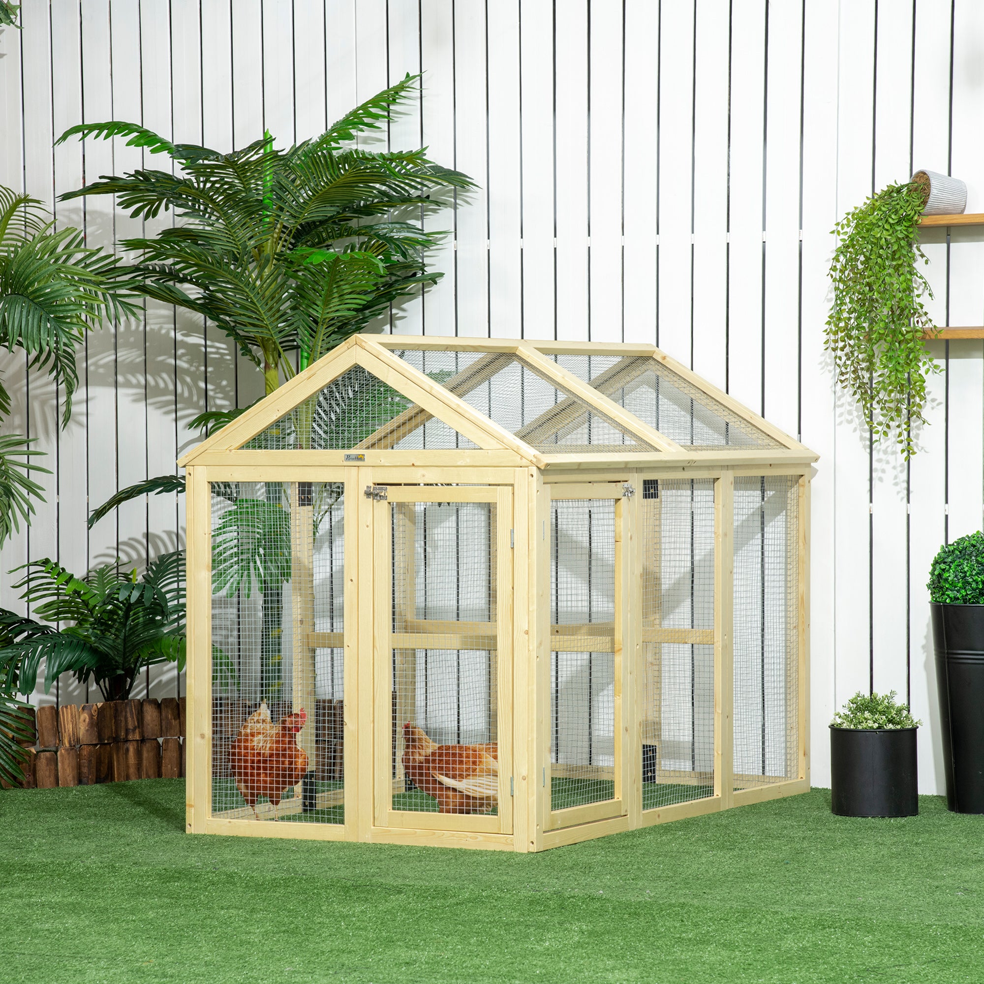 PawHut Large Chicken Run, Wooden Chicken Coop, Pet Playpen w/ Combinable Design - Natural Wood Finish