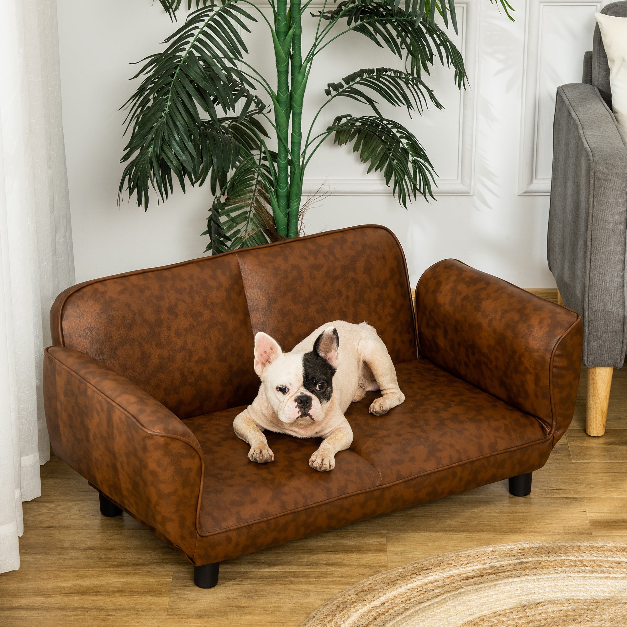 PawHut Pet Sofa Dog Bed Couch, Foldable Cat Lounger PU Leather Cover for Medium & Large Sized Animals, 39" x 21.75" x 17.75", Expandable to 52" x 30.25" x 7", Brown