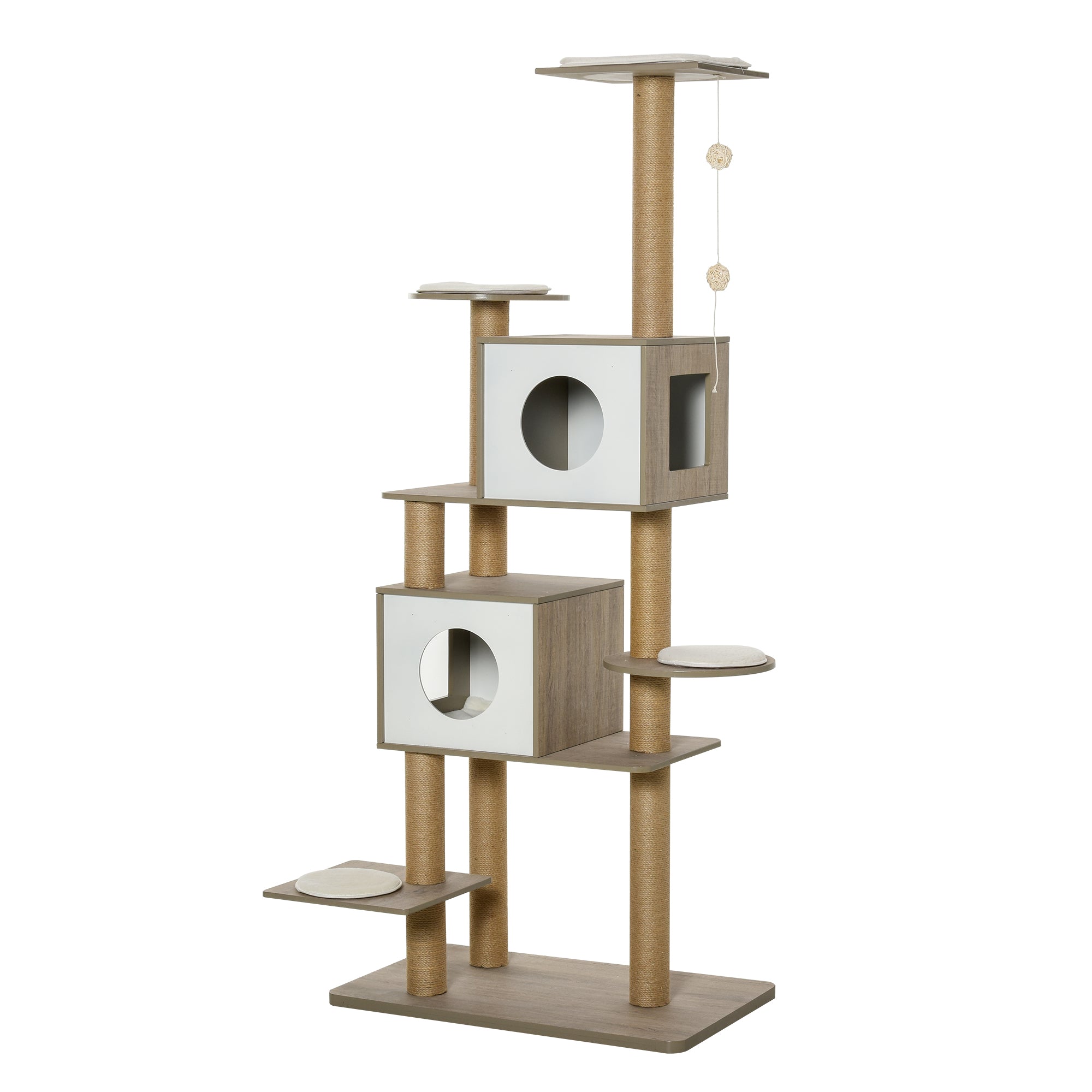 PawHut 69.75" Wood Cat Tree, Cat Condo Tower with Scratching Post, Toy Ball for Indoor Cats, Light Grey