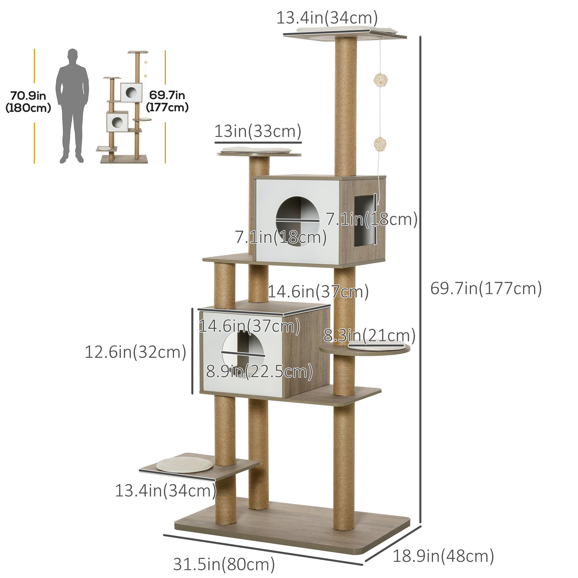 PawHut 69.75" Wood Cat Tree, Cat Condo Tower with Scratching Post, Toy Ball for Indoor Cats, Light Grey