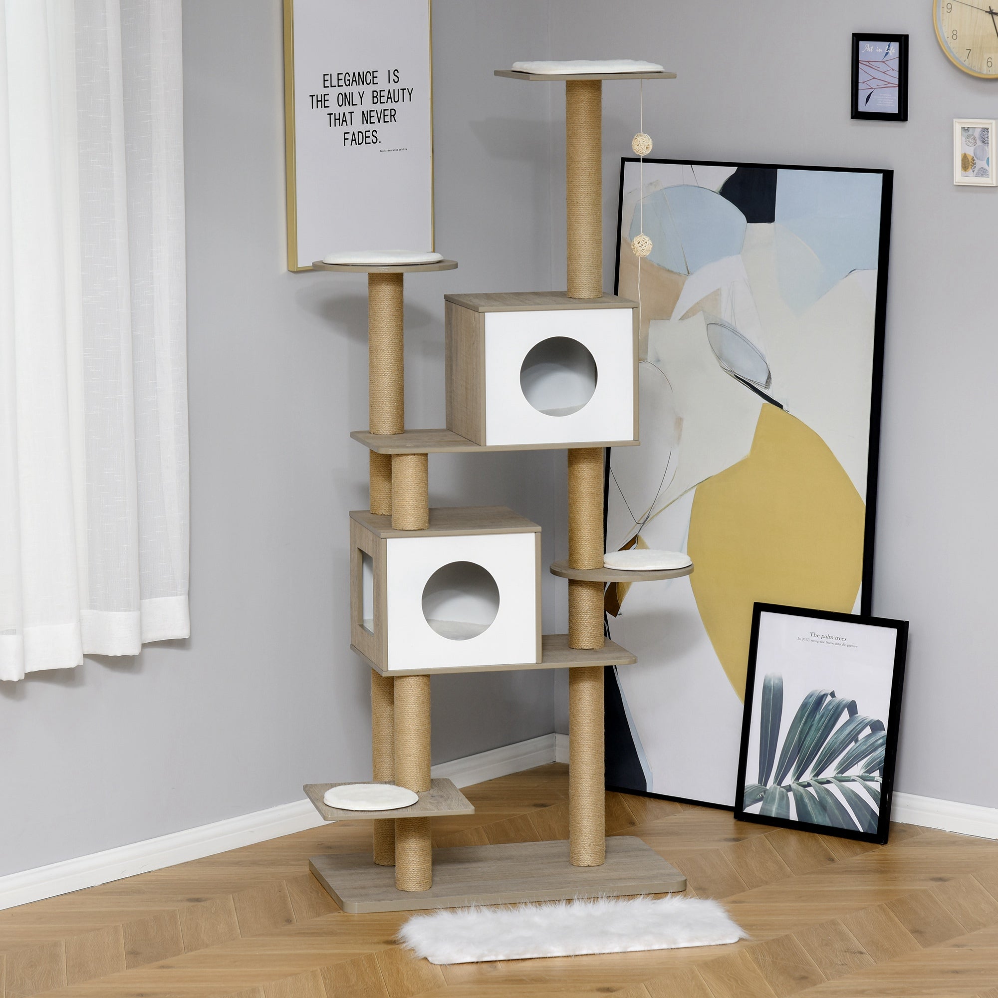 PawHut 69.75" Wood Cat Tree, Cat Condo Tower with Scratching Post, Toy Ball for Indoor Cats, Light Grey