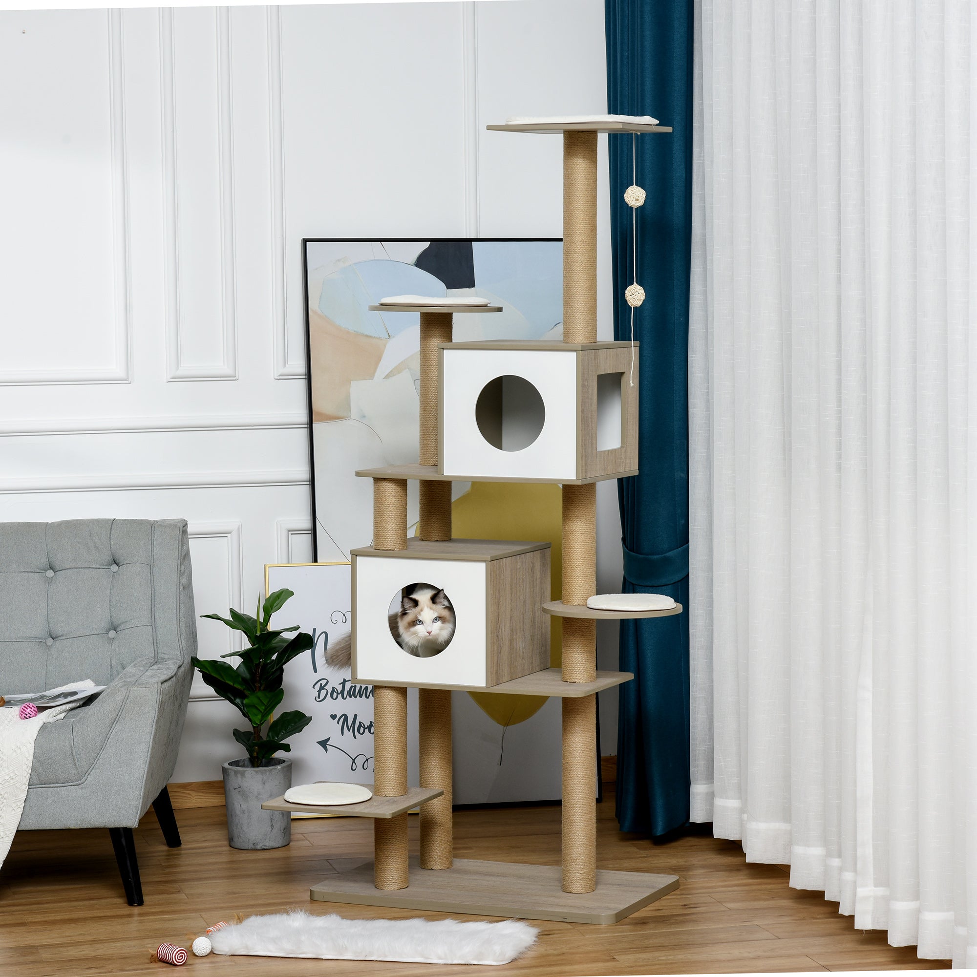 PawHut 69.75" Wood Cat Tree, Cat Condo Tower with Scratching Post, Toy Ball for Indoor Cats, Light Grey