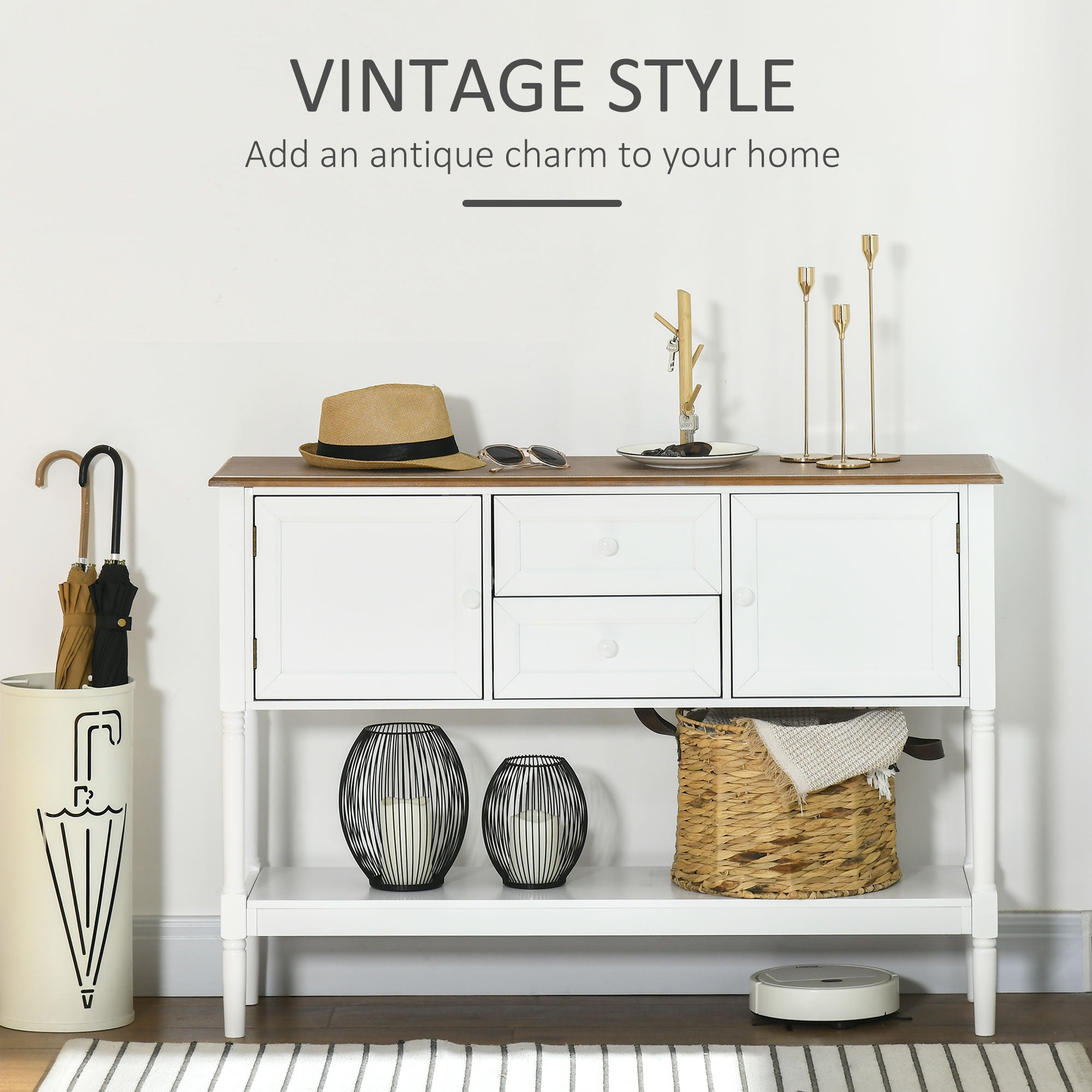 HOMCOM Console Table, Vintage Entryway Table with 2 Drawers, 2 Cabinets and Open Shelf, Retro Sofa Table for Living Room, White