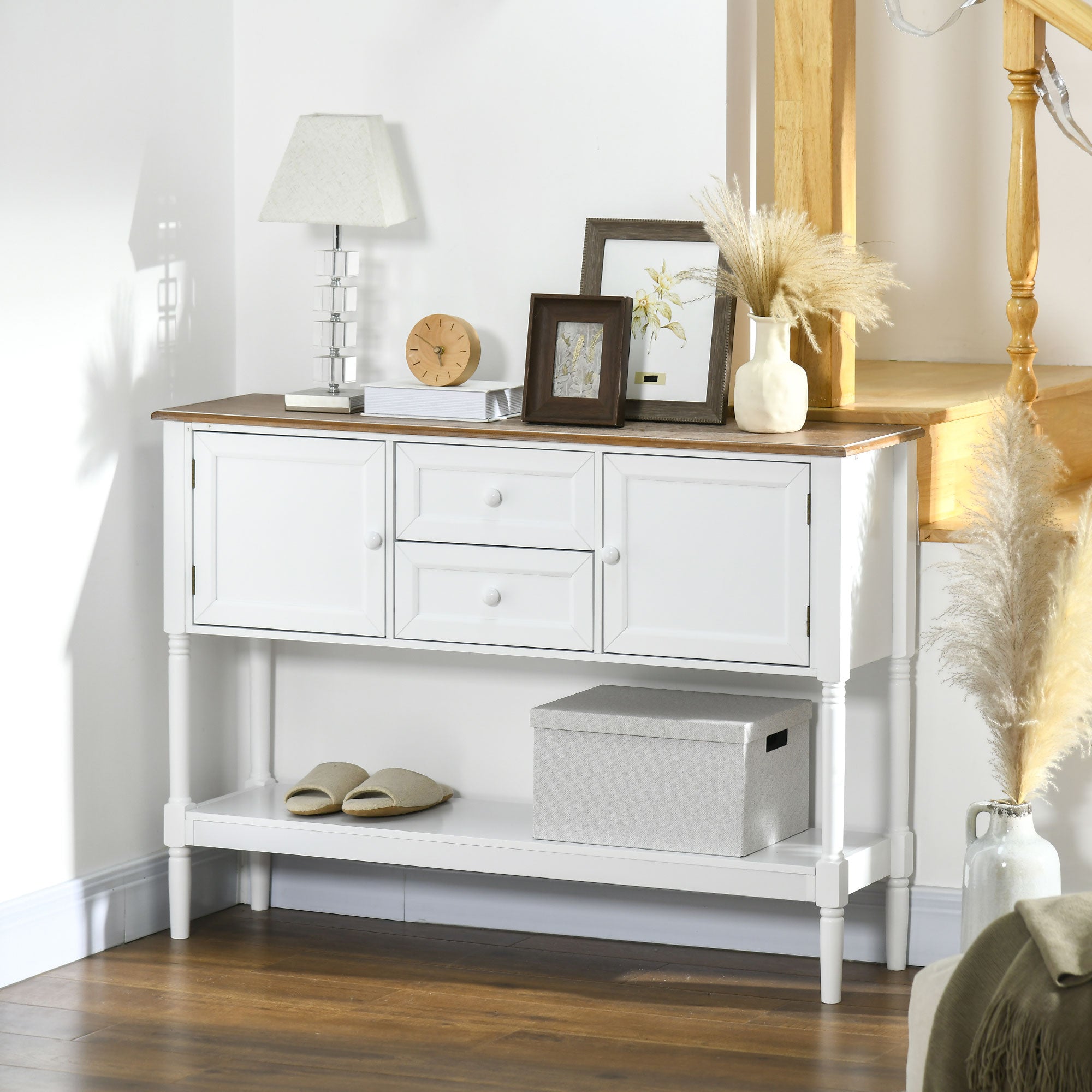 HOMCOM Console Table, Vintage Entryway Table with 2 Drawers, 2 Cabinets and Open Shelf, Retro Sofa Table for Living Room, White