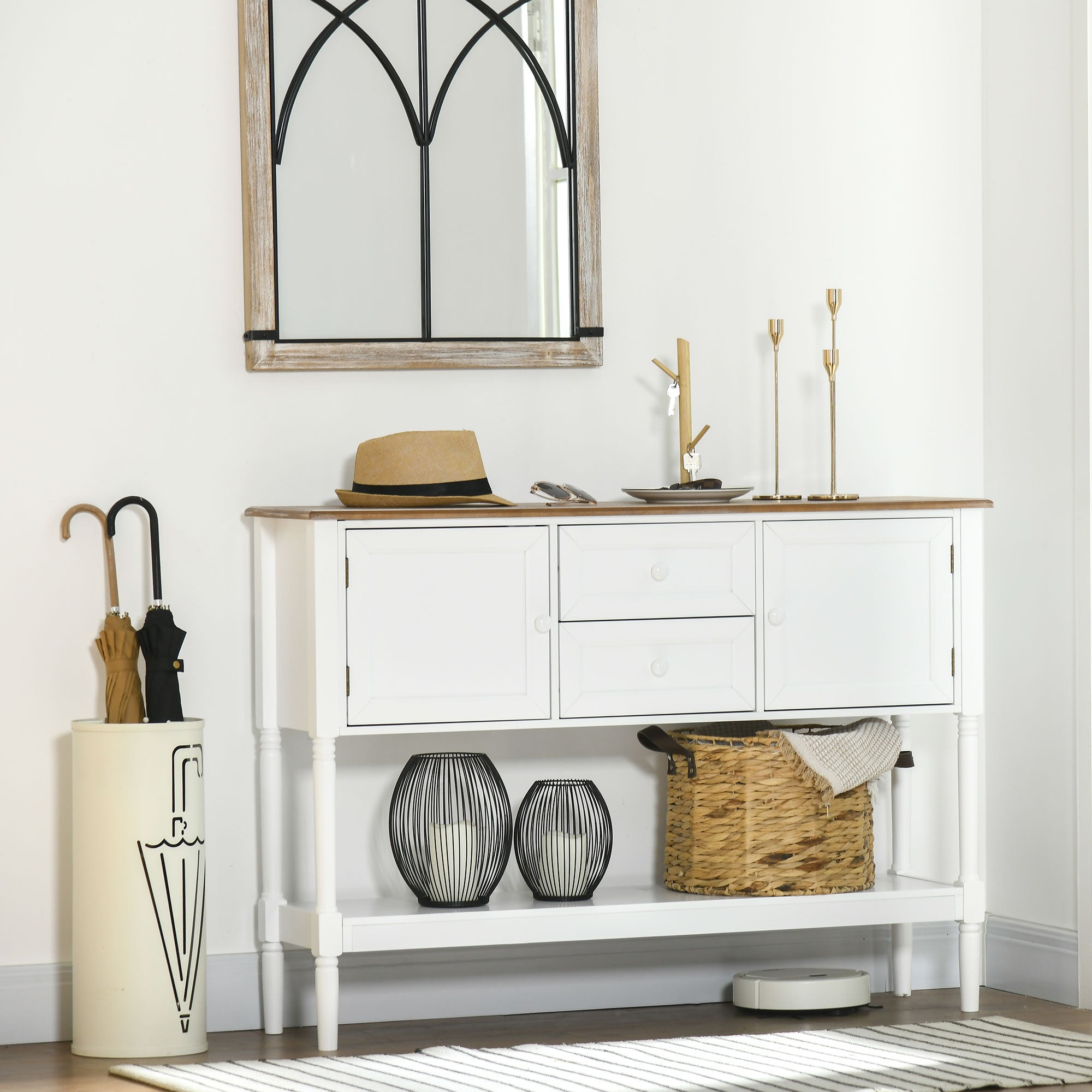 HOMCOM Console Table, Vintage Entryway Table with 2 Drawers, 2 Cabinets and Open Shelf, Retro Sofa Table for Living Room, White