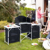 Outsunny Folding Camping Table, Aluminum Portable Camping Kitchen Table with Storage Carrying Bag, Windscreen and 3 Enclosed Cupboards for BBQ, Party, Picnics, Backyards, Black