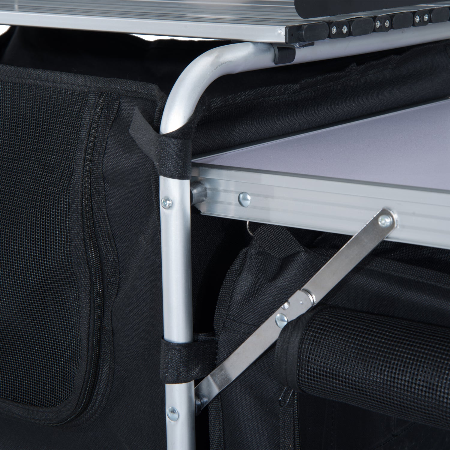 Outsunny Folding Camping Table, Aluminum Portable Camping Kitchen Table with Storage Carrying Bag, Windscreen and 3 Enclosed Cupboards for BBQ, Party, Picnics, Backyards, Black