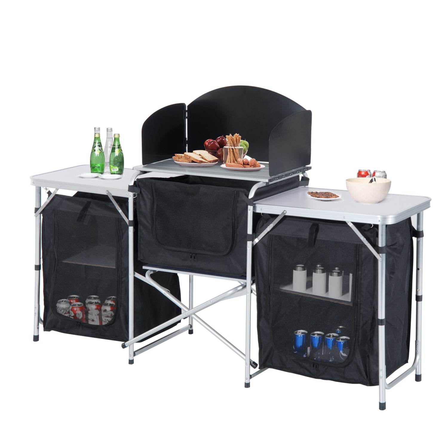 Outsunny Folding Camping Table, Aluminum Portable Camping Kitchen Table with Storage Carrying Bag, Windscreen and 3 Enclosed Cupboards for BBQ, Party, Picnics, Backyards, Black