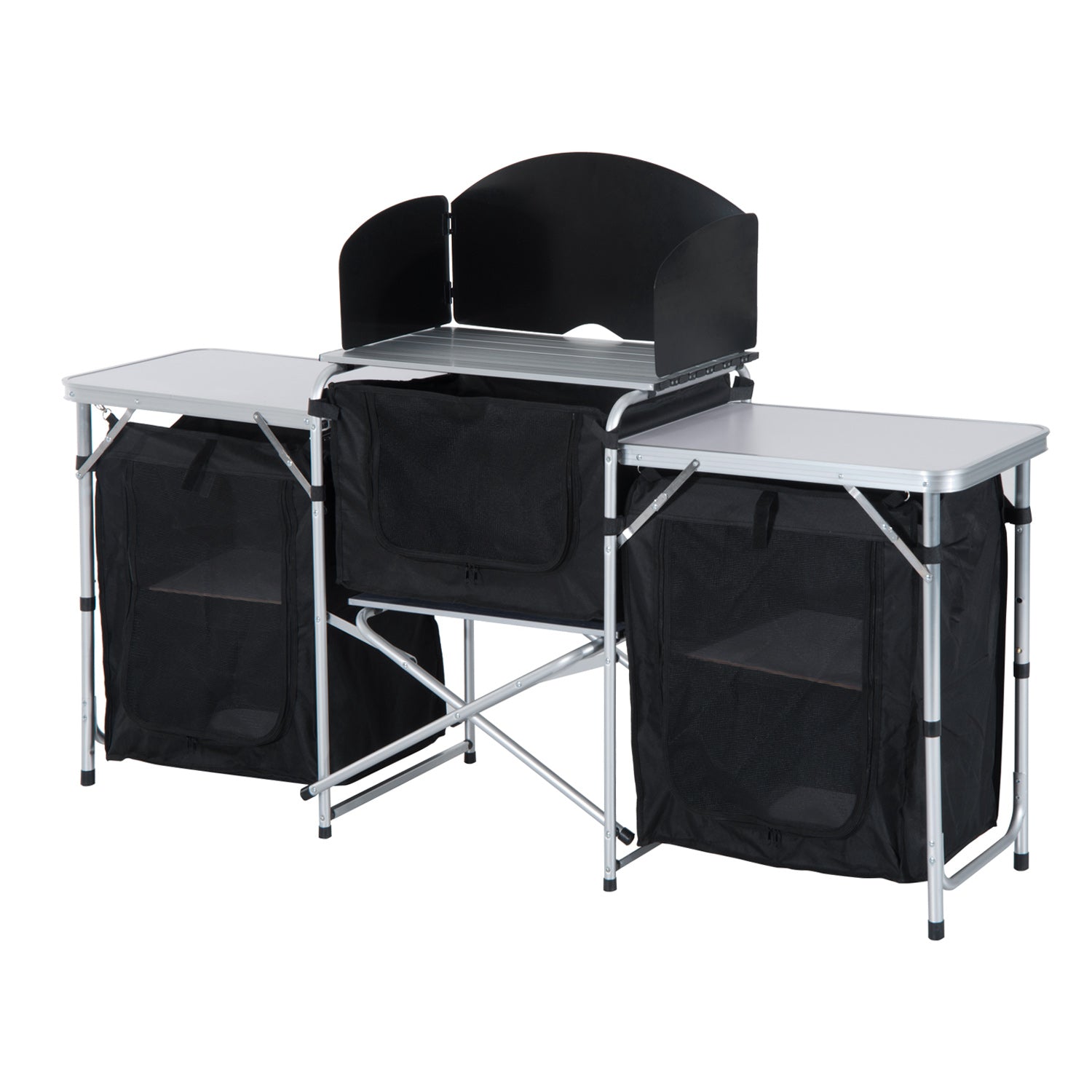 Outsunny Folding Camping Table, Aluminum Portable Camping Kitchen Table with Storage Carrying Bag, Windscreen and 3 Enclosed Cupboards for BBQ, Party, Picnics, Backyards, Black