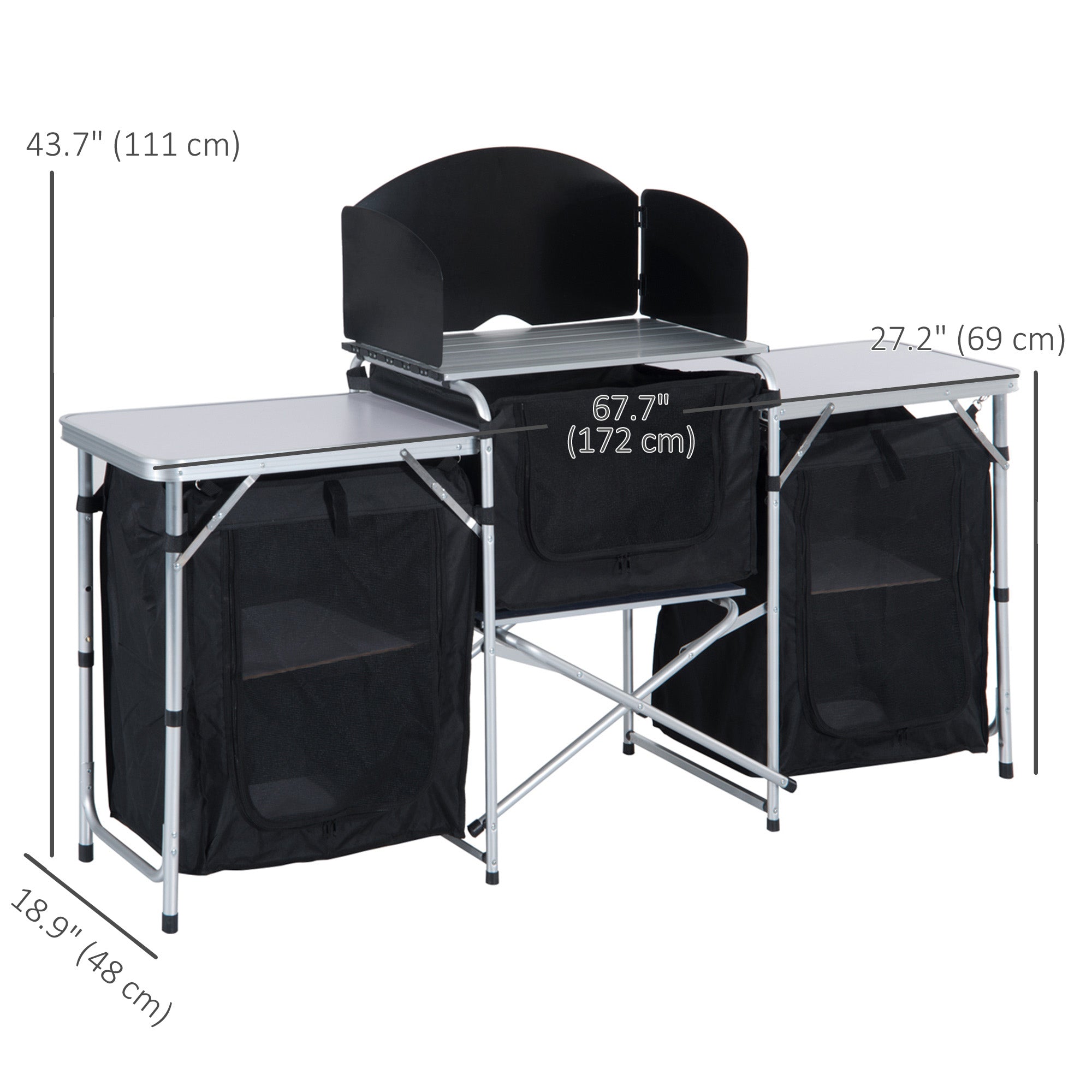 Outsunny Folding Camping Table, Aluminum Portable Camping Kitchen Table with Storage Carrying Bag, Windscreen and 3 Enclosed Cupboards for BBQ, Party, Picnics, Backyards, Black